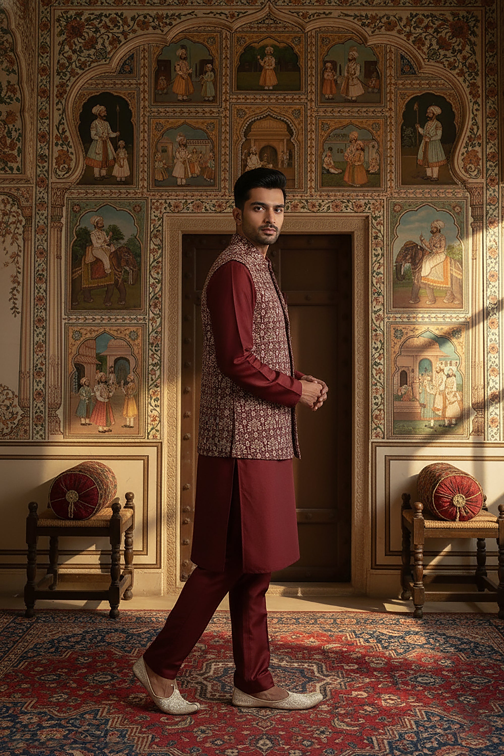 🥀 Regal Maroon Embroidered Kurta Jacket Set – Palkhi Fashion