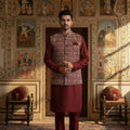 🥀 Regal Maroon Embroidered Kurta Jacket Set – Palkhi Fashion