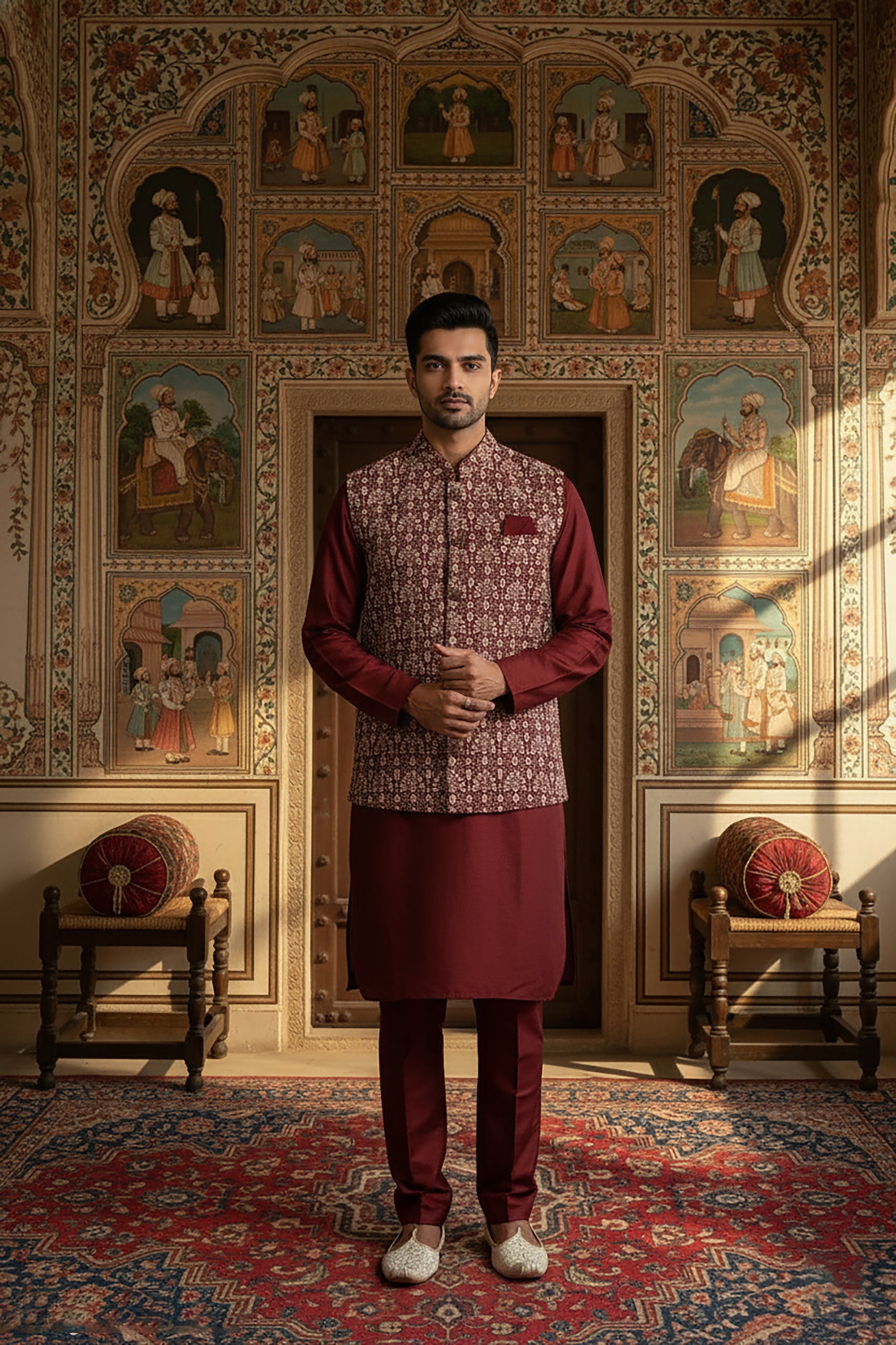 🥀 Regal Maroon Embroidered Kurta Jacket Set – Palkhi Fashion