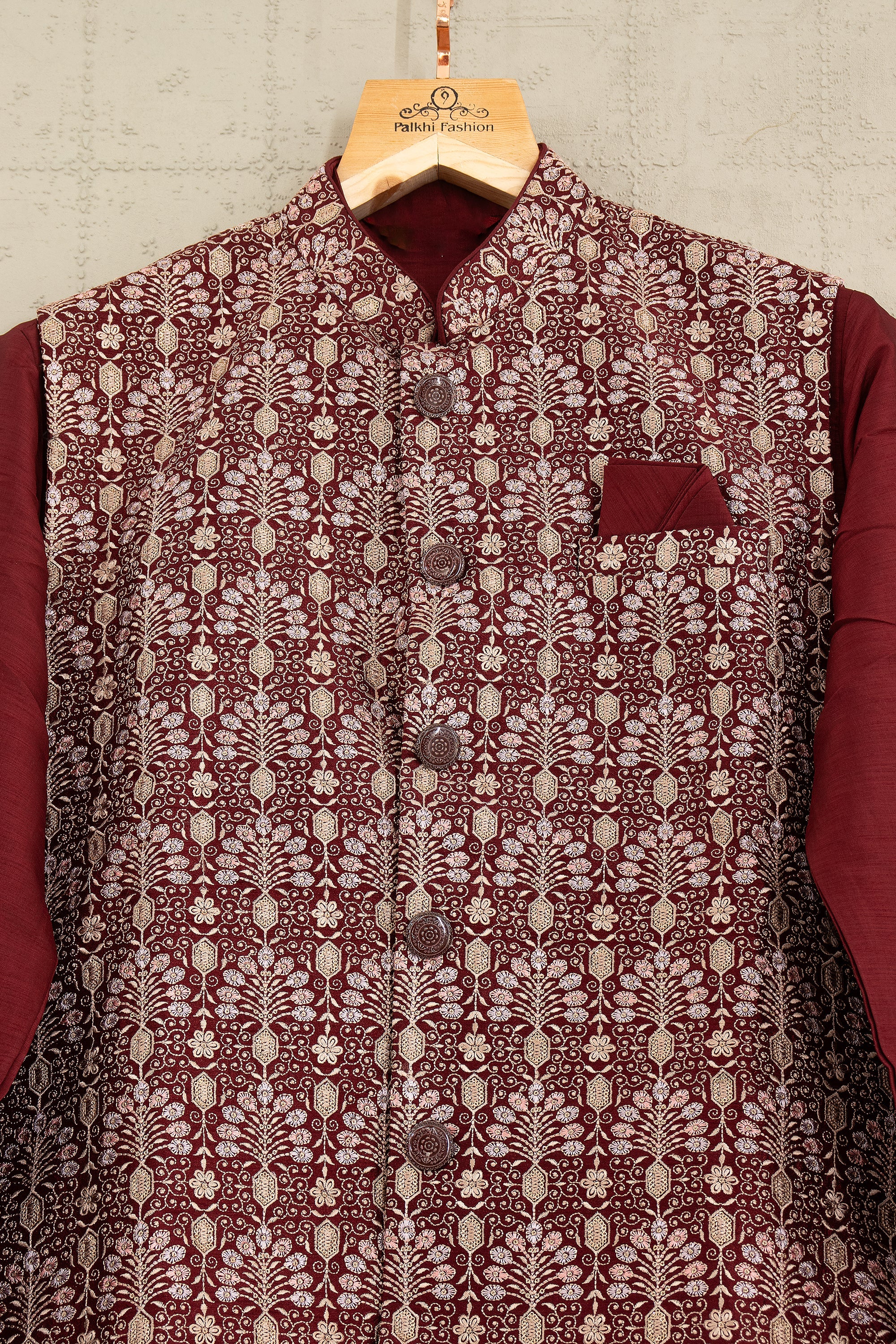 🥀 Regal Maroon Embroidered Kurta Jacket Set – Palkhi Fashion