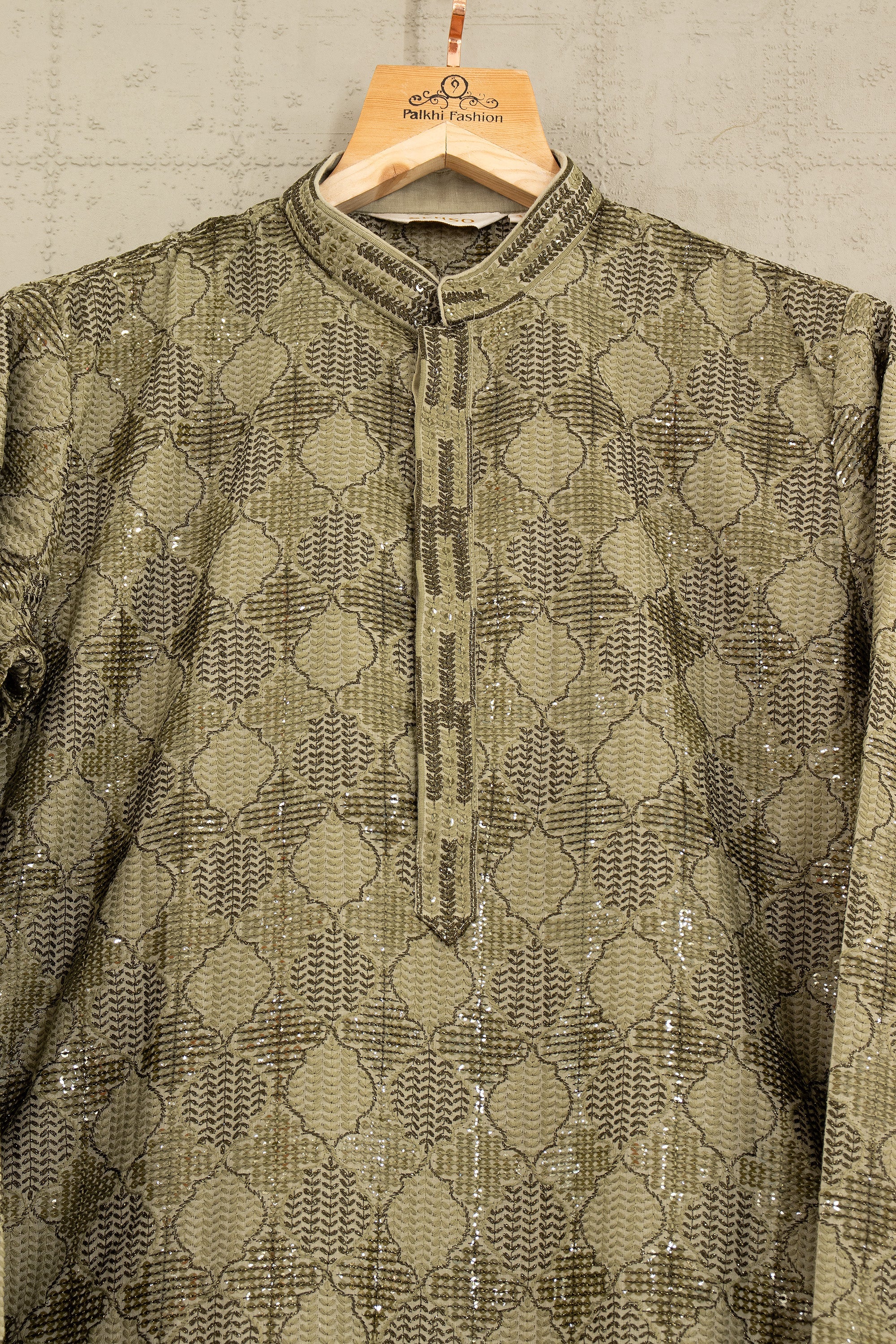 Regal Mehndi Green Sequin Embroidered Kurta Set with Off - White Pants – Palkhi Fashion