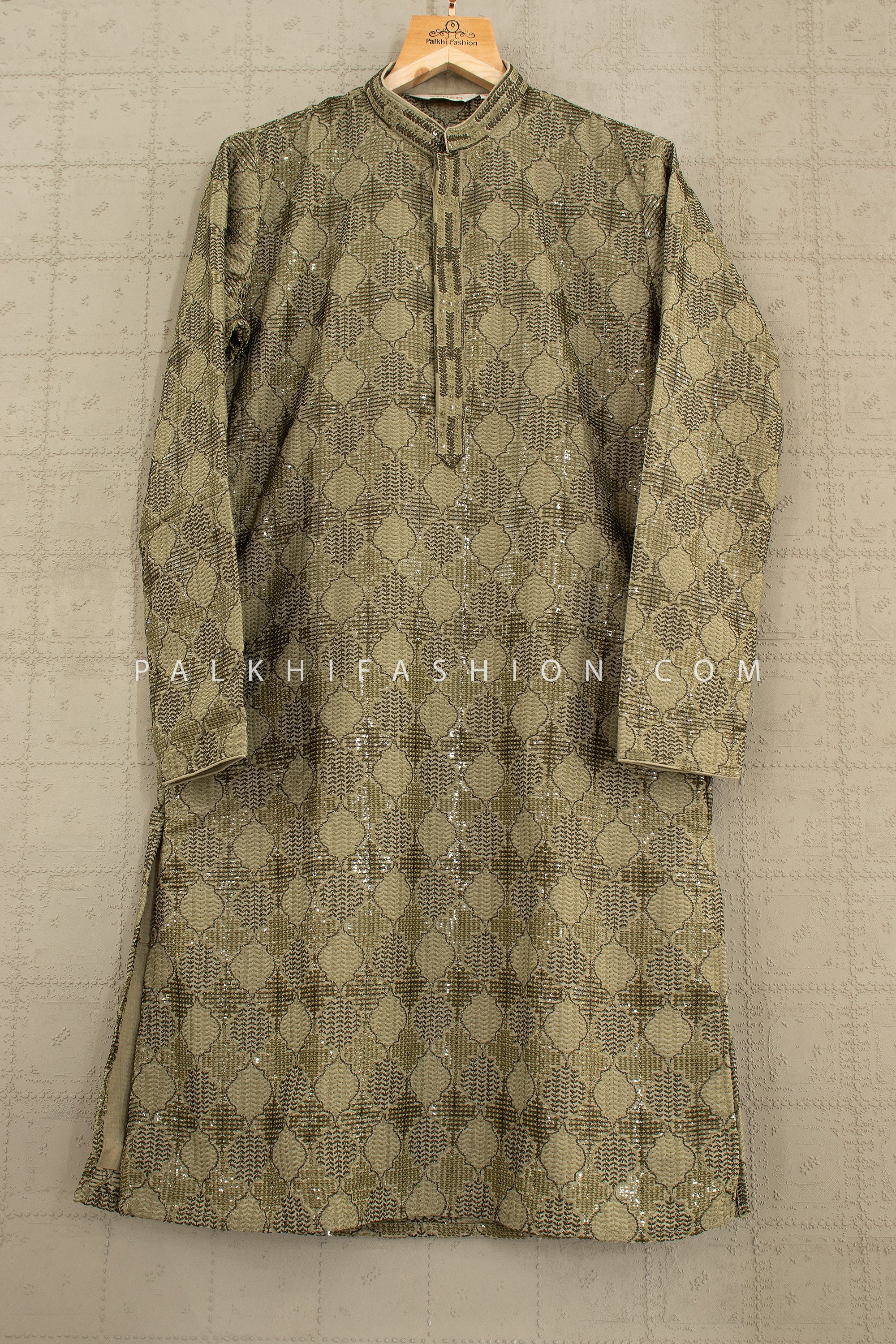 Regal Mehndi Green Sequin Embroidered Kurta Set with Off - White Pants – Palkhi Fashion