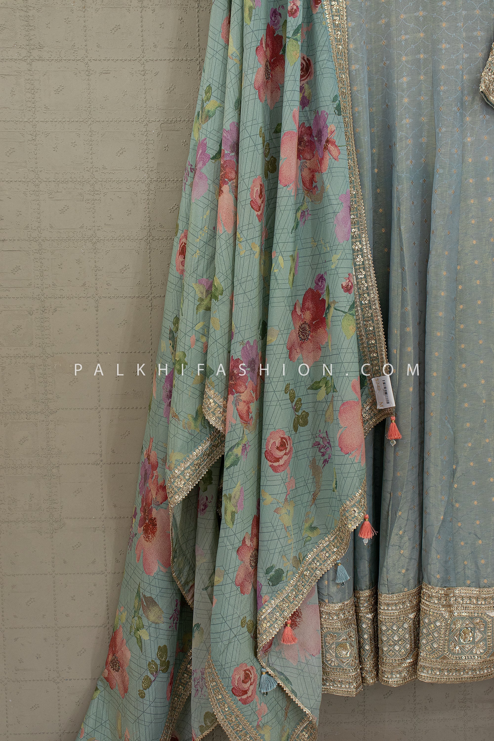 Regal Mist — Pastel Blue Silk Anarkali Gown with Floral Weave & Gold Embroidery | Palkhi Fashion