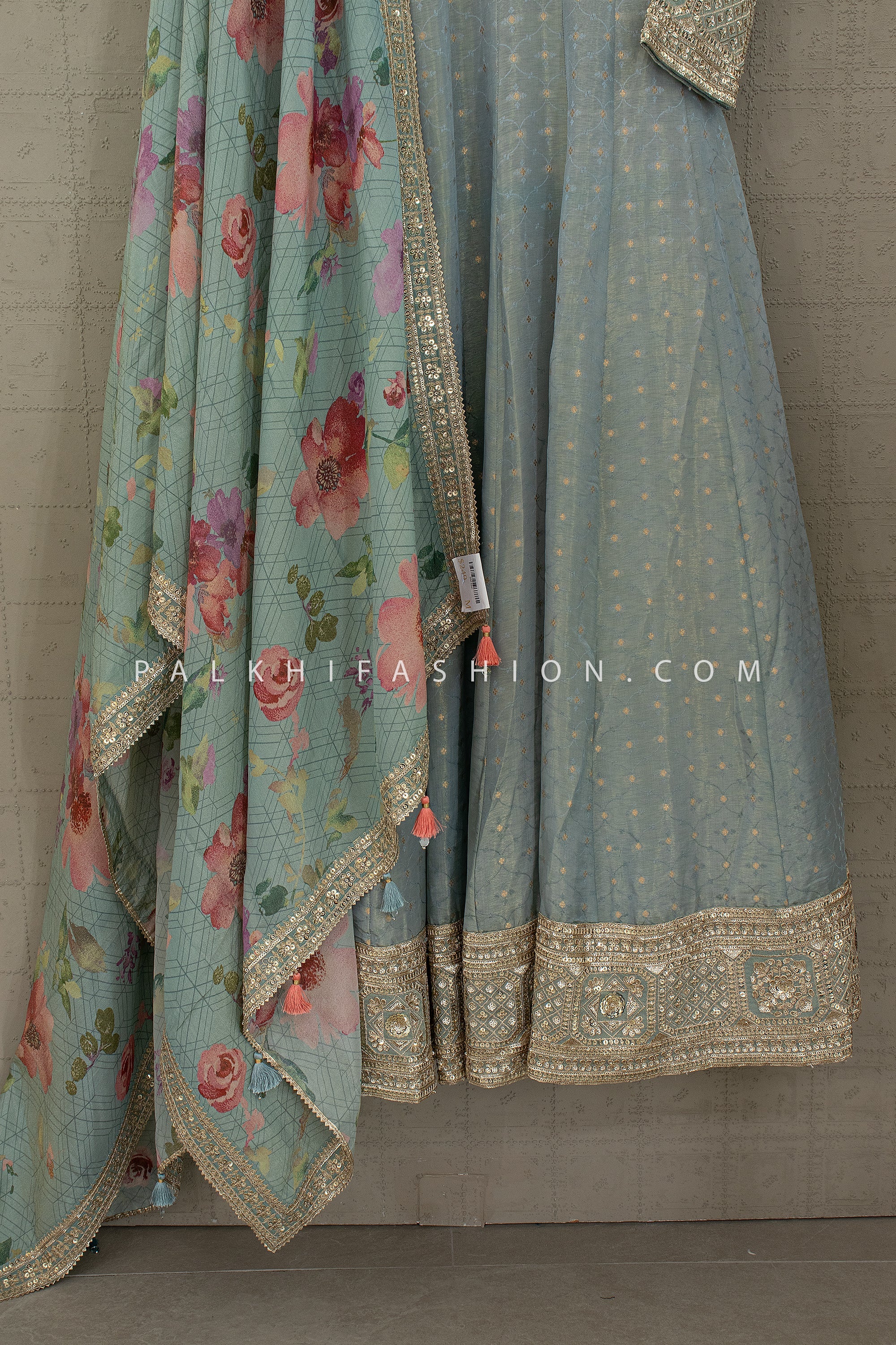Regal Mist — Pastel Blue Silk Anarkali Gown with Floral Weave & Gold Embroidery | Palkhi Fashion