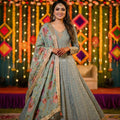 Regal Mist — Pastel Blue Silk Anarkali Gown with Floral Weave & Gold Embroidery | Palkhi Fashion
