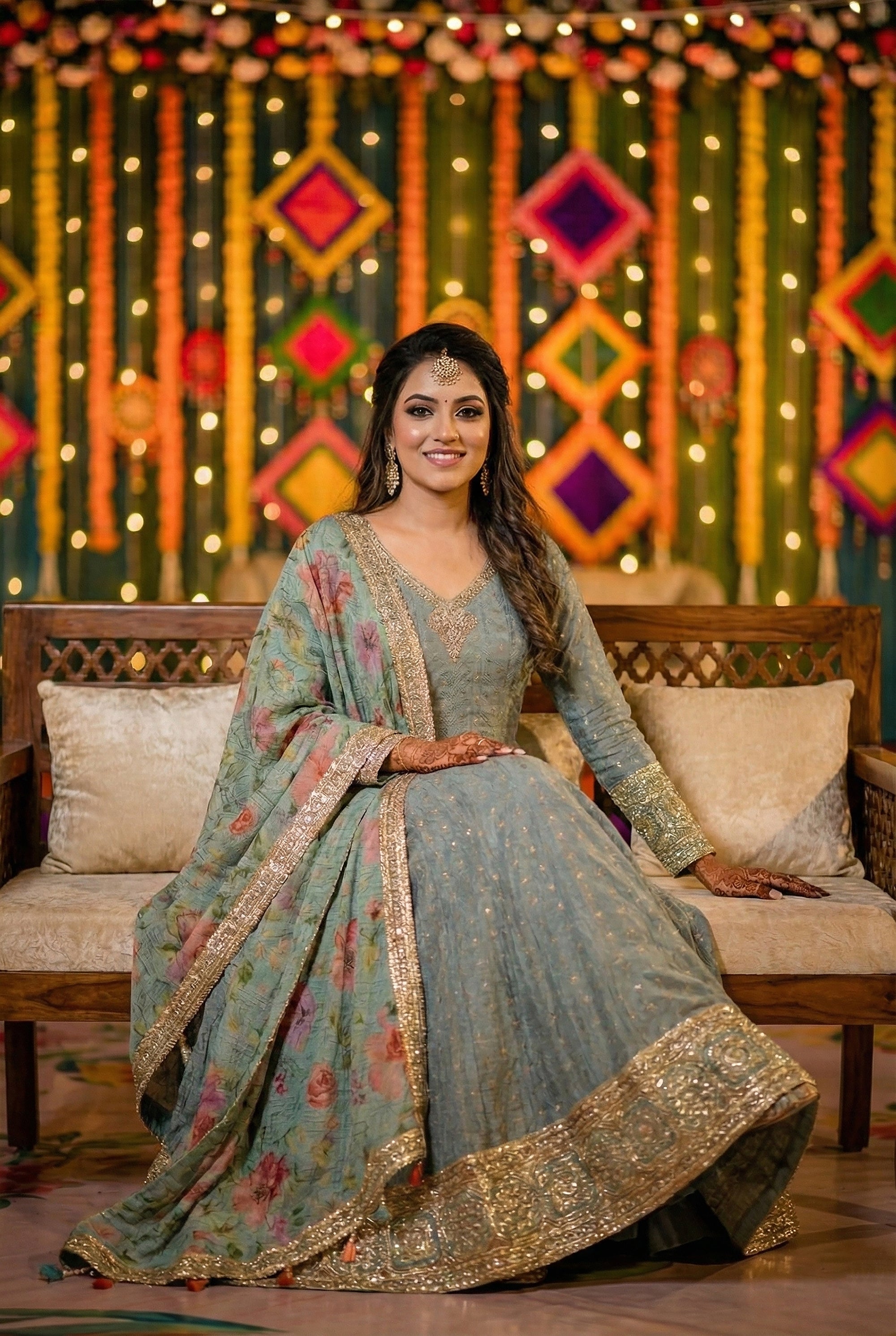 Regal Mist — Pastel Blue Silk Anarkali Gown with Floral Weave & Gold Embroidery | Palkhi Fashion