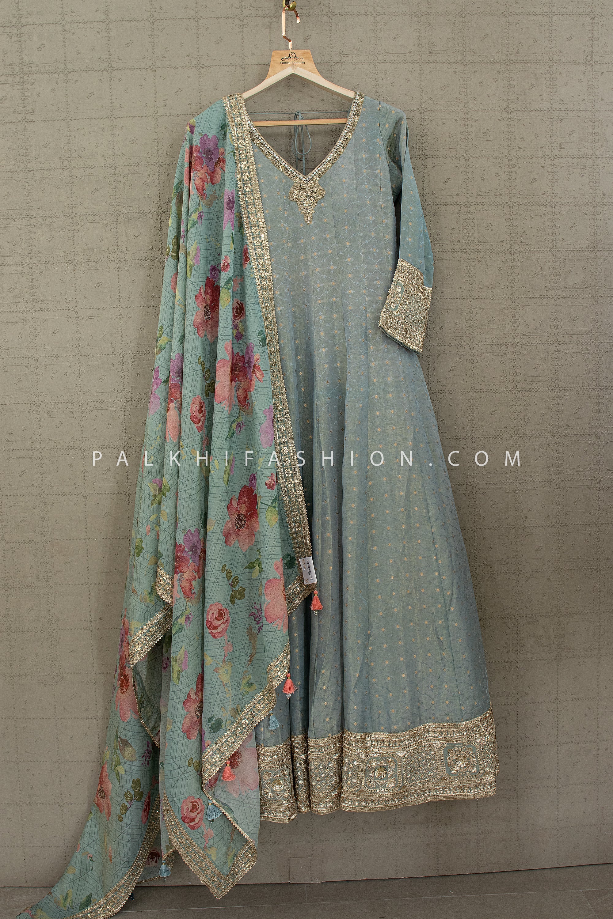 Regal Mist — Pastel Blue Silk Anarkali Gown with Floral Weave & Gold Embroidery | Palkhi Fashion