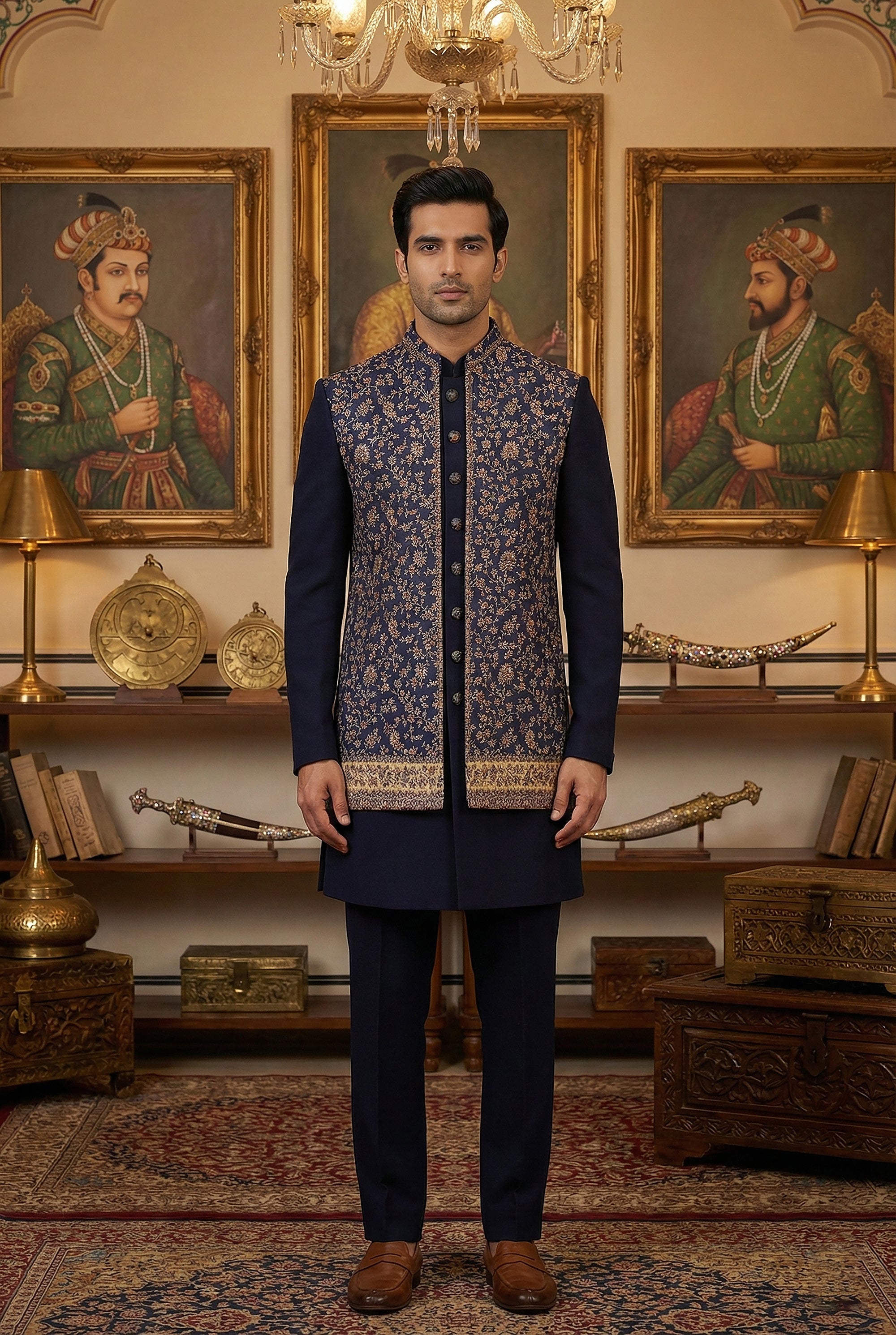 Regal Navy Royale: Soft Silk Indo - Western with Kashmiri Jaal work Jacket– Palkhi Fashion