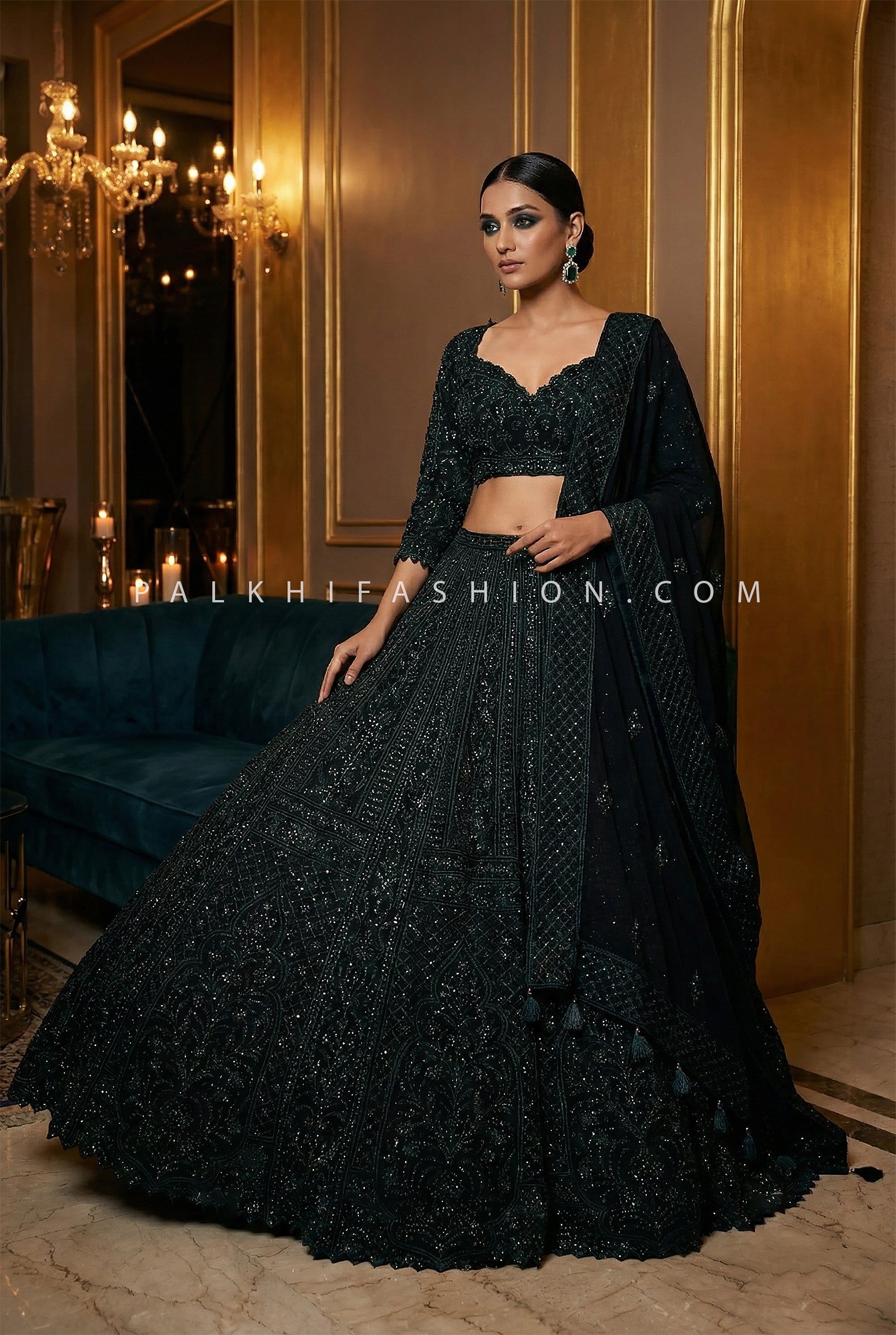 Regal Noir Edit - Midnight Green Embroidered Lehenga Choli – Palkhi Fashion