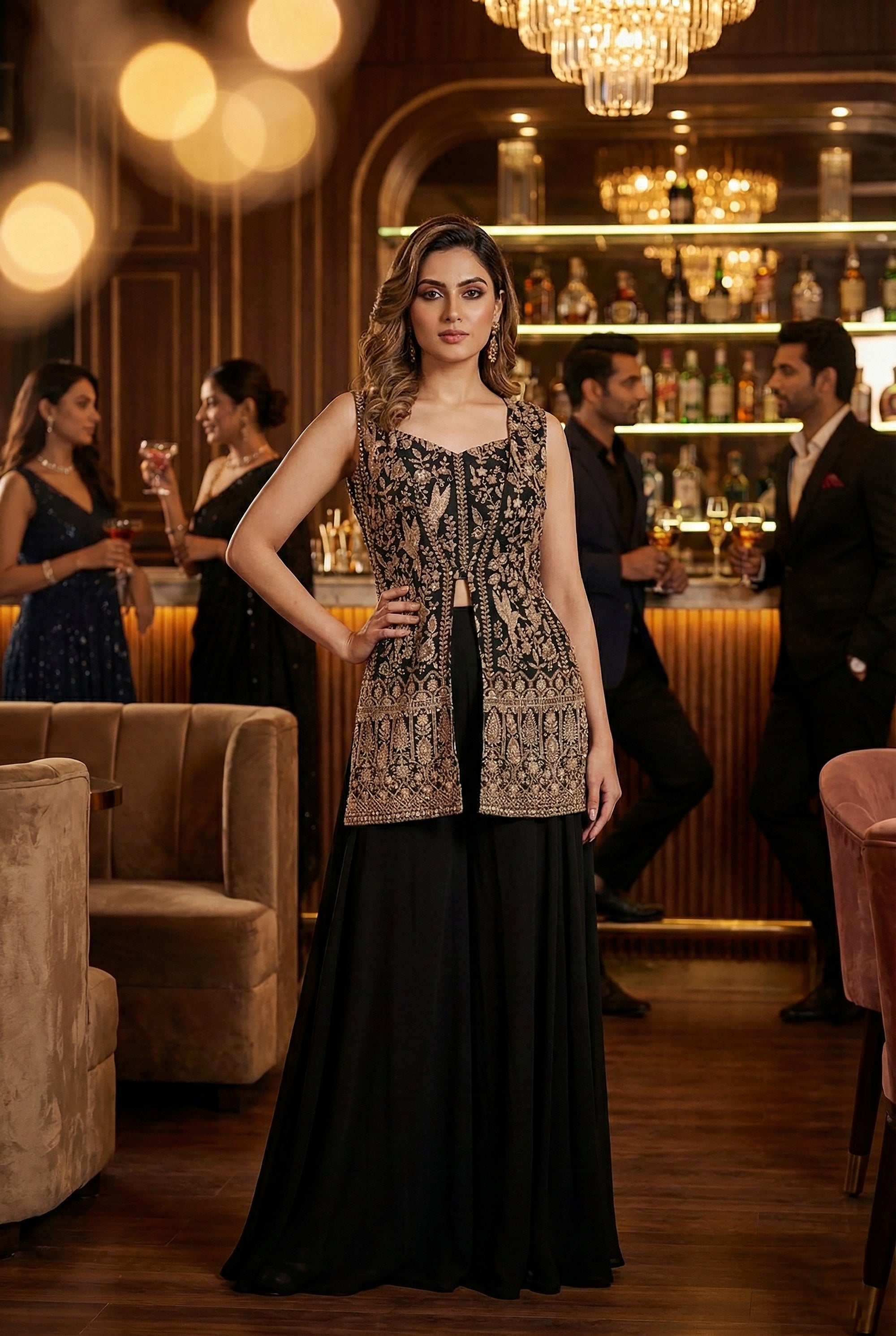 Regal Radiance: Black Designer Embroidered Palazzo Suit Set – Palkhi Fashion