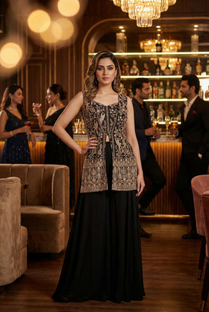 Regal Radiance: Black Designer Embroidered Palazzo Suit Set – Palkhi Fashion