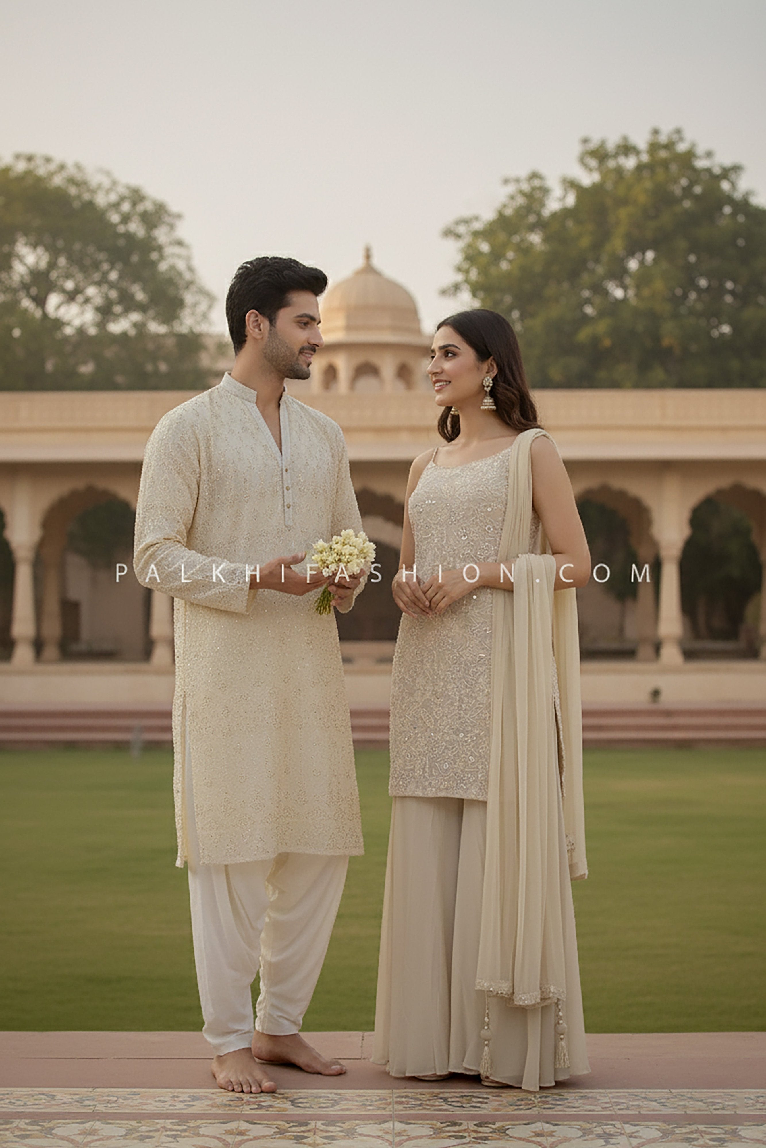 Regal Radiance: Designer Cream Men’s Kurta & Dhoti Salwar with Handwork – Palkhi Fashion