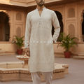 Regal Radiance: Designer Cream Men’s Kurta & Dhoti Salwar with Handwork – Palkhi Fashion