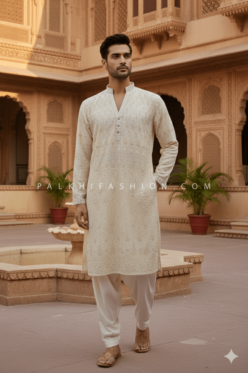Regal Radiance: Designer Cream Men’s Kurta & Dhoti Salwar with Handwork – Palkhi Fashion