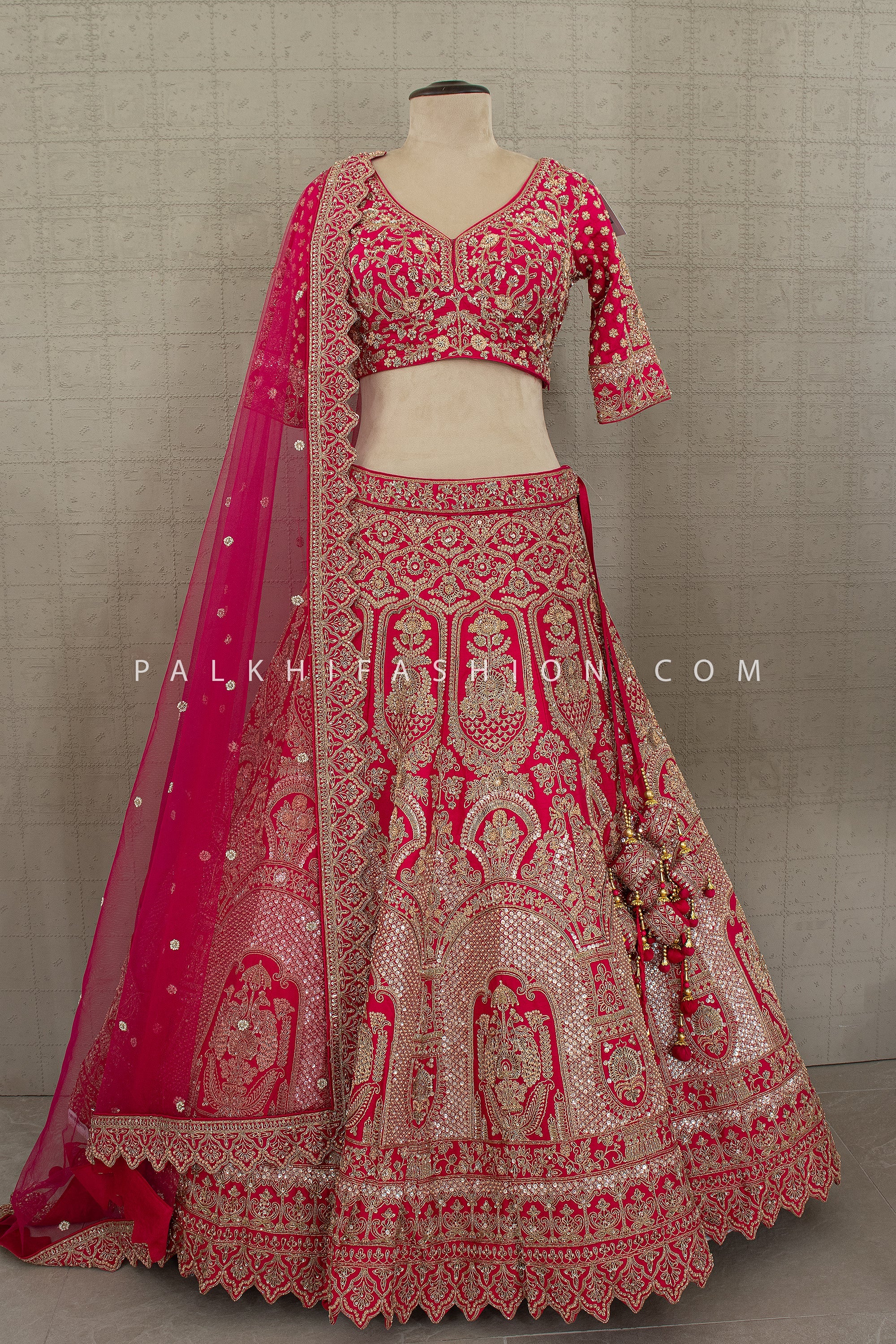 Regal Rani Pink Heritage – Pure Silk Wedding Lehenga Choli with Antique Gold Handwork| Palkhi Fashion