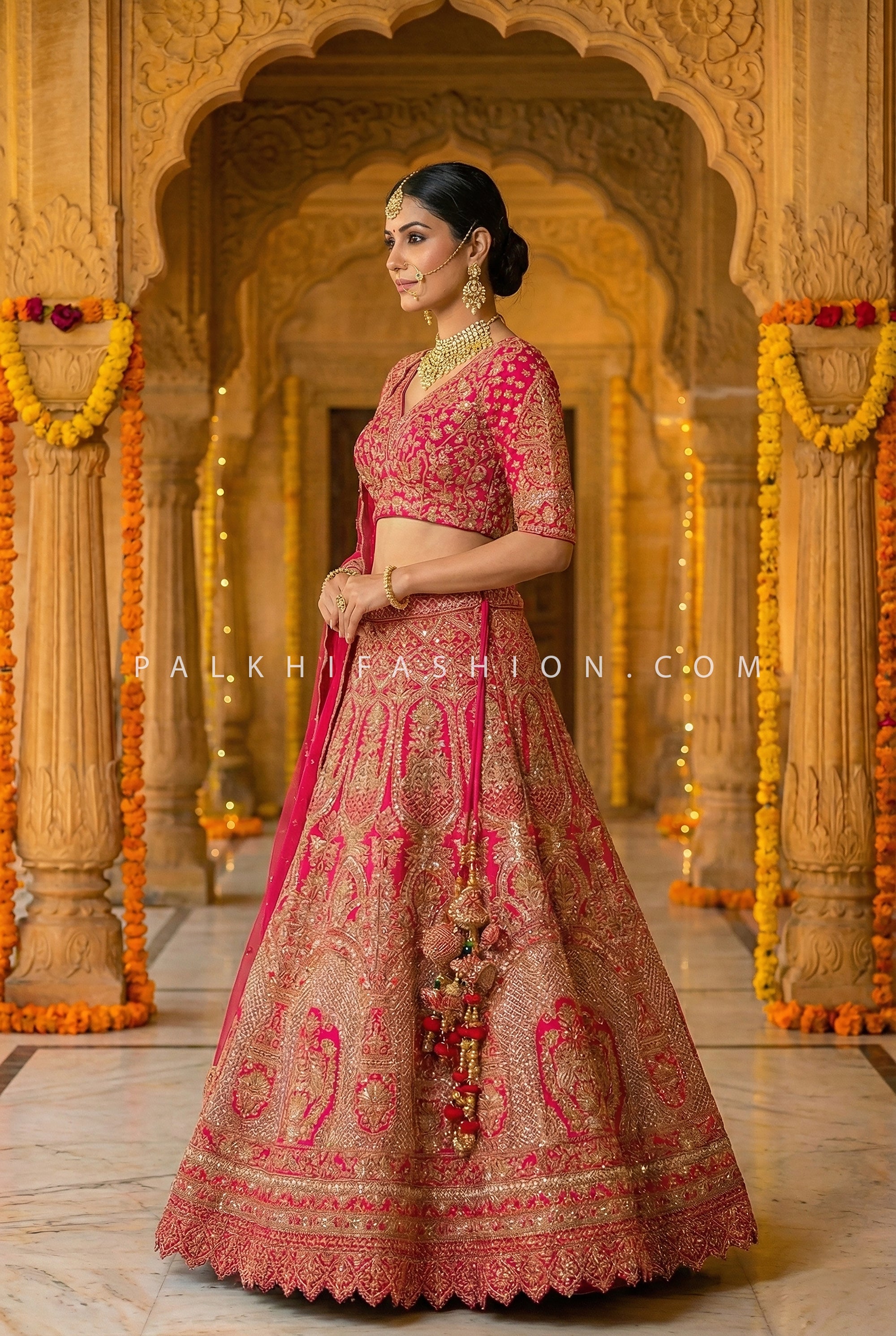 Regal Rani Pink Heritage – Pure Silk Wedding Lehenga Choli with Antique Gold Handwork| Palkhi Fashion