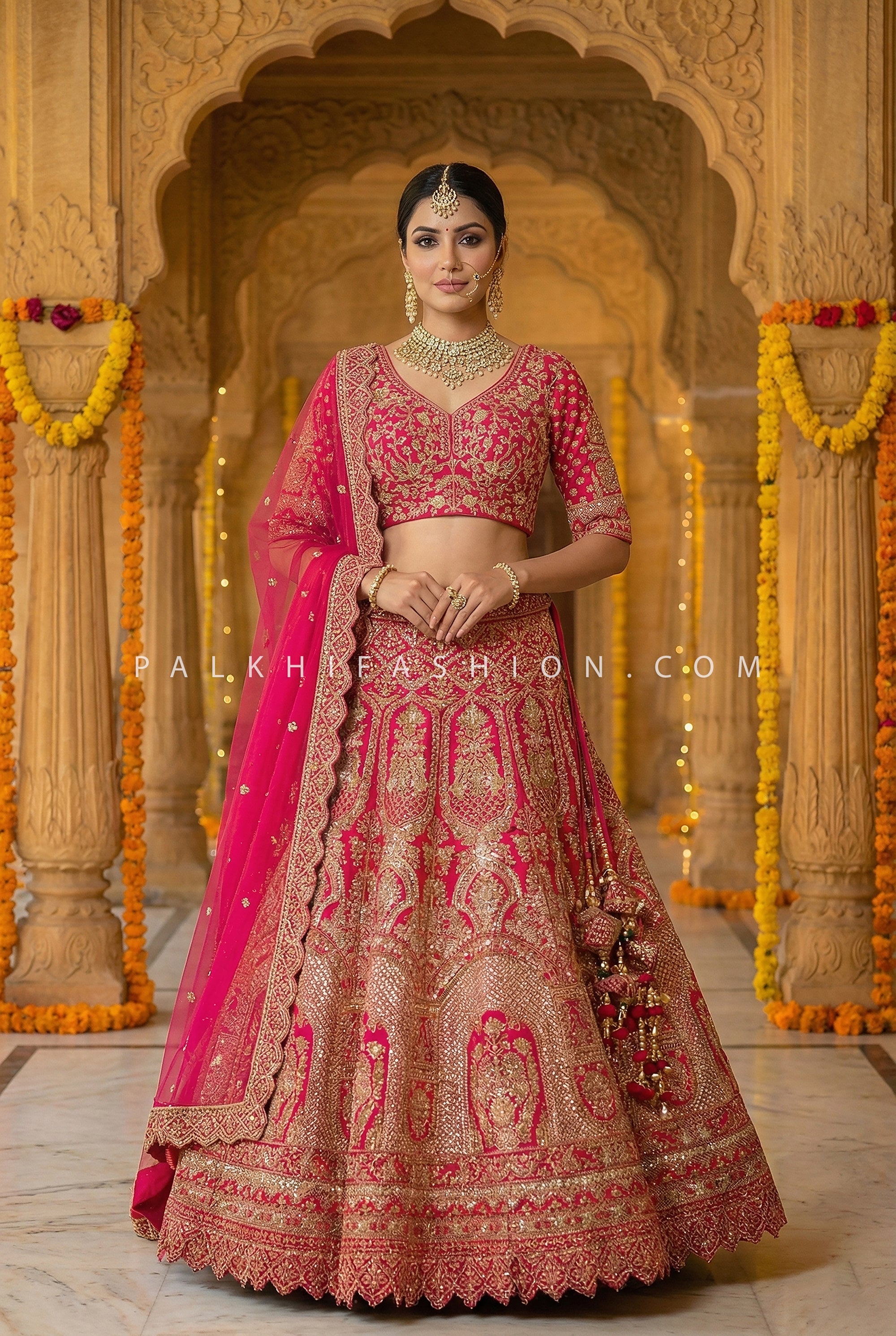 Regal Rani Pink Heritage – Pure Silk Wedding Lehenga Choli with Antique Gold Handwork| Palkhi Fashion