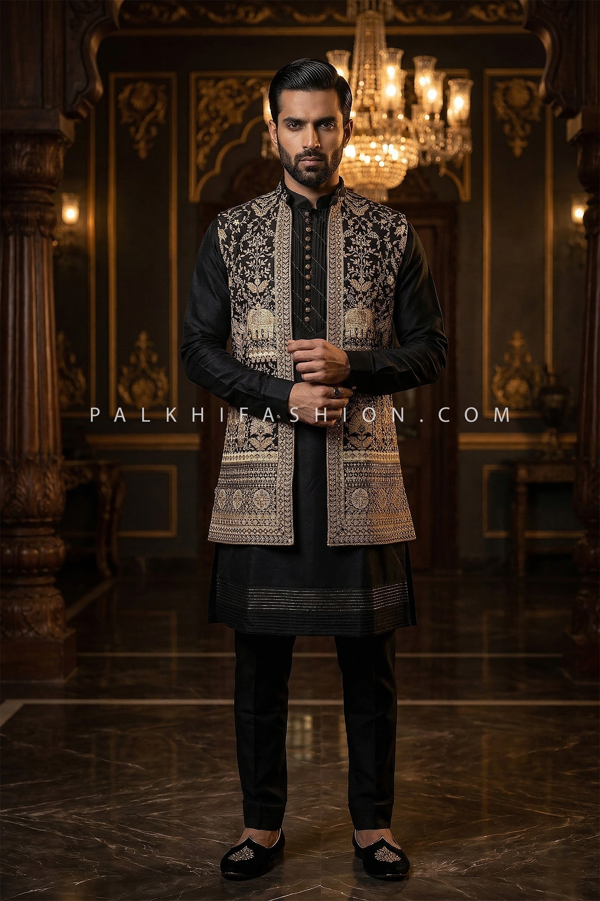 Regal Statement Edit – Black Elephant Motif Jacket Kurta Ensemble – Palkhi Fashion