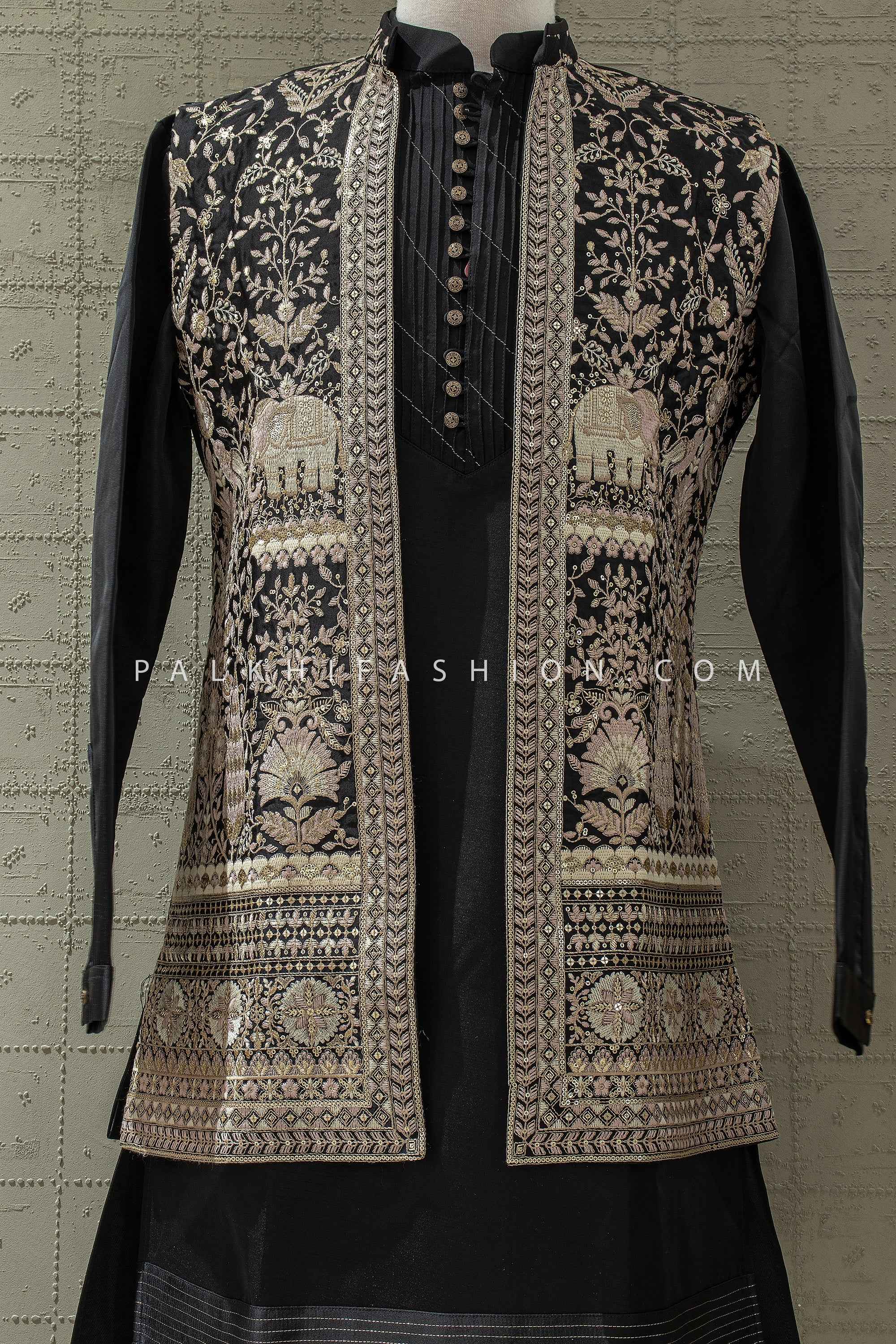 Regal Statement Edit – Black Elephant Motif Jacket Kurta Ensemble – Palkhi Fashion