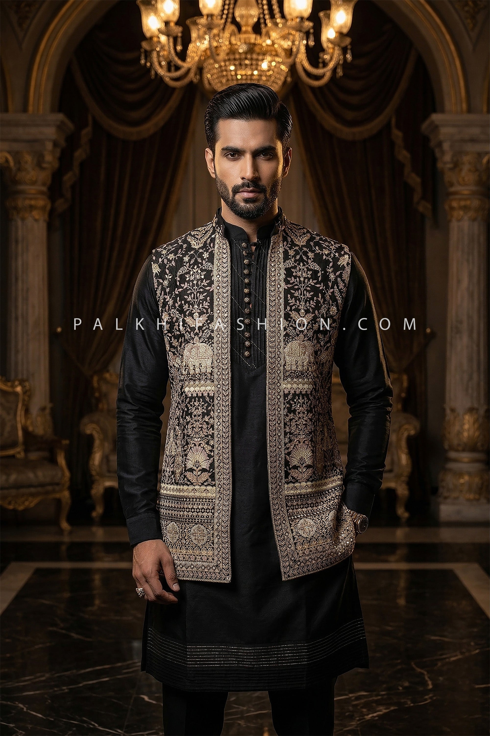 Regal Statement Edit – Black Elephant Motif Jacket Kurta Ensemble – Palkhi Fashion