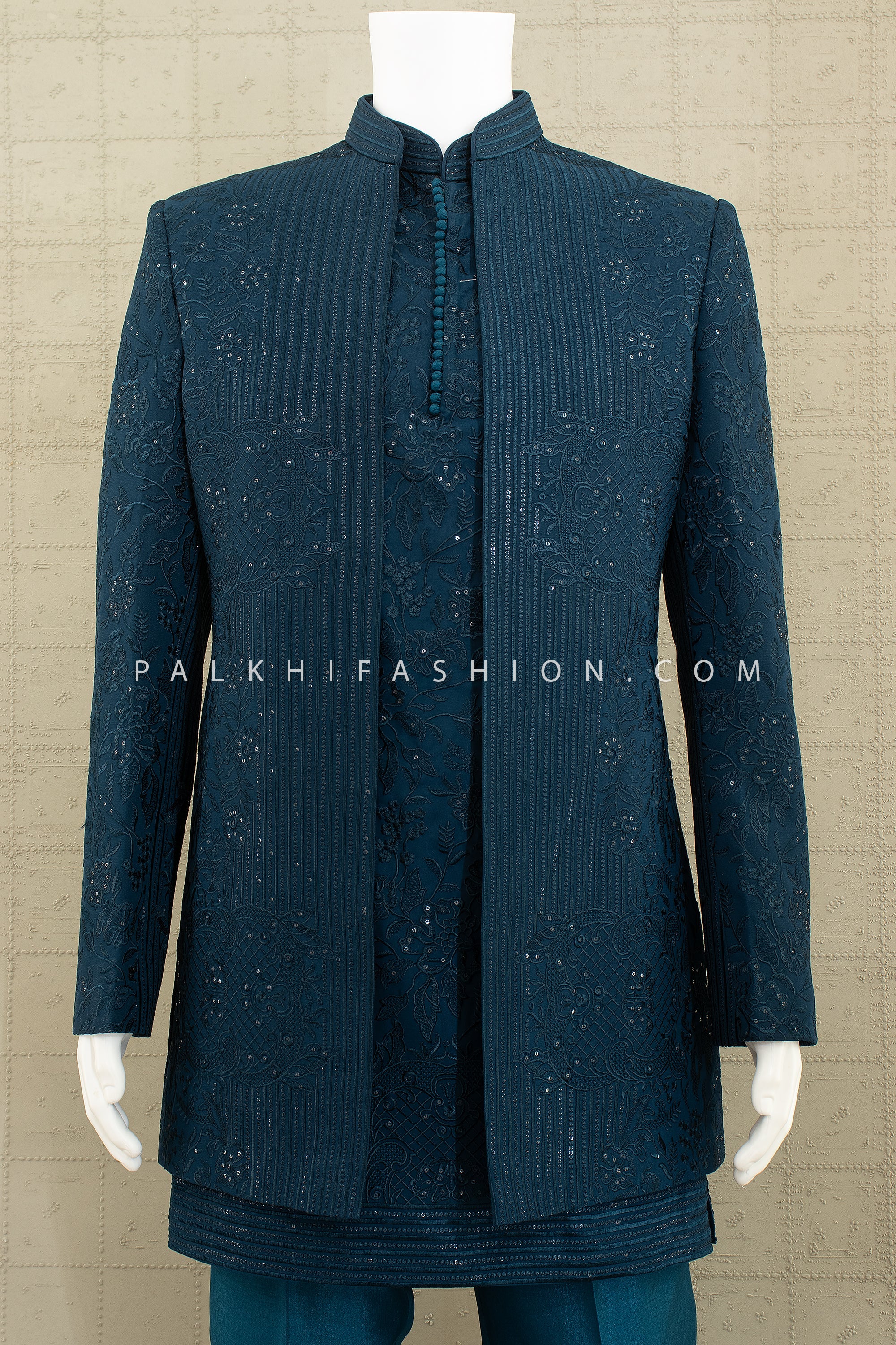 Regal Teal Majesty – Designer Indo - Western Set with Embroidered Jacket & Georgette Kurta