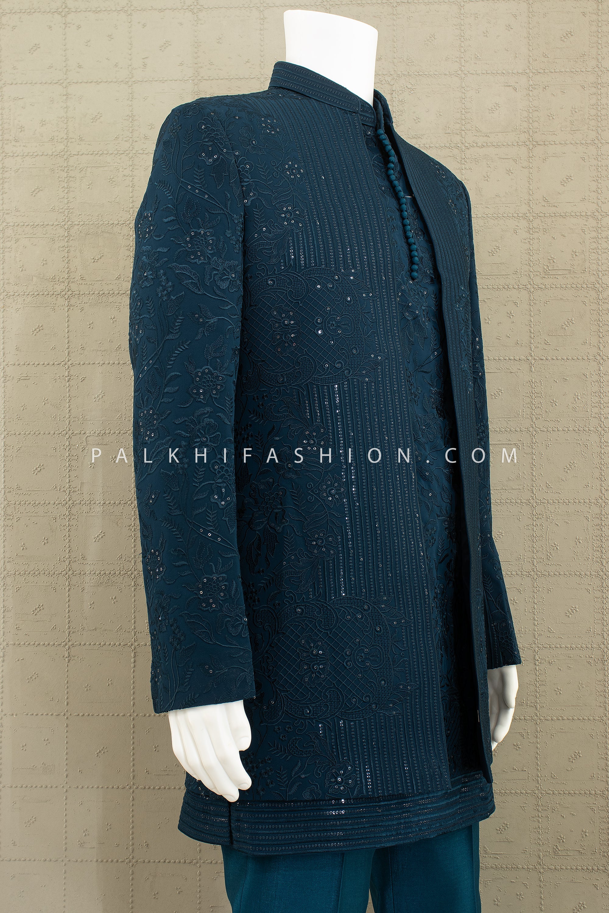 Regal Teal Majesty – Designer Indo - Western Set with Embroidered Jacket & Georgette Kurta