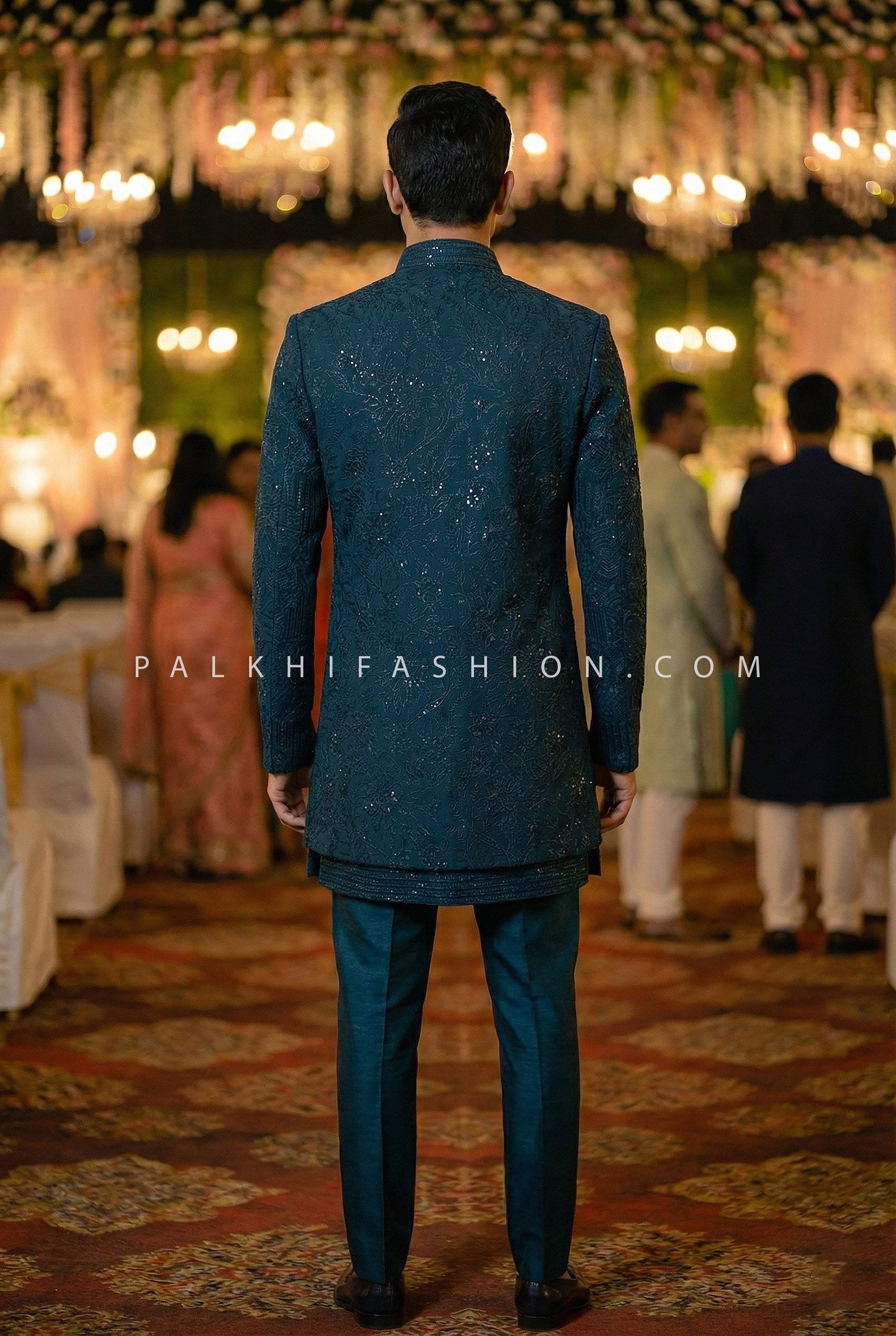 Regal Teal Majesty – Designer Indo - Western Set with Embroidered Jacket & Georgette Kurta