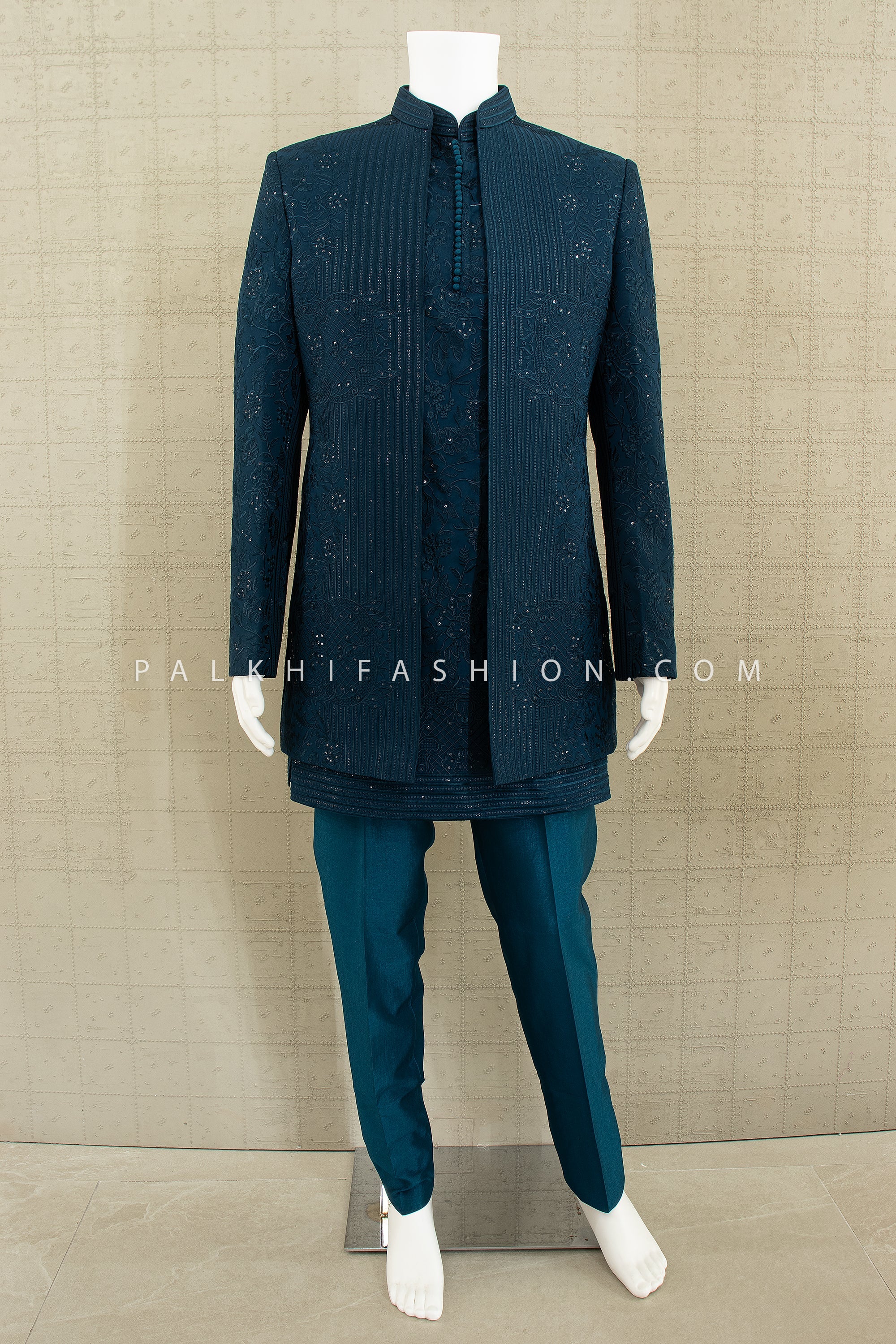 Regal Teal Majesty – Designer Indo - Western Set with Embroidered Jacket & Georgette Kurta