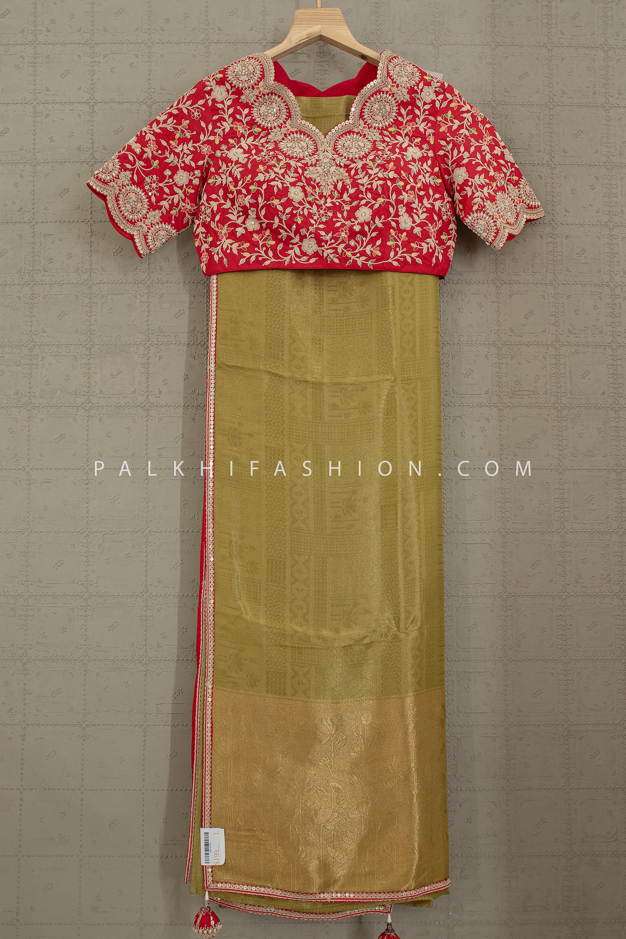 Regal Vermilion & Gold: Kanjivaram - Inspired Saree with Heavy Embroidered Blouse – Palkhi Fashion Houston