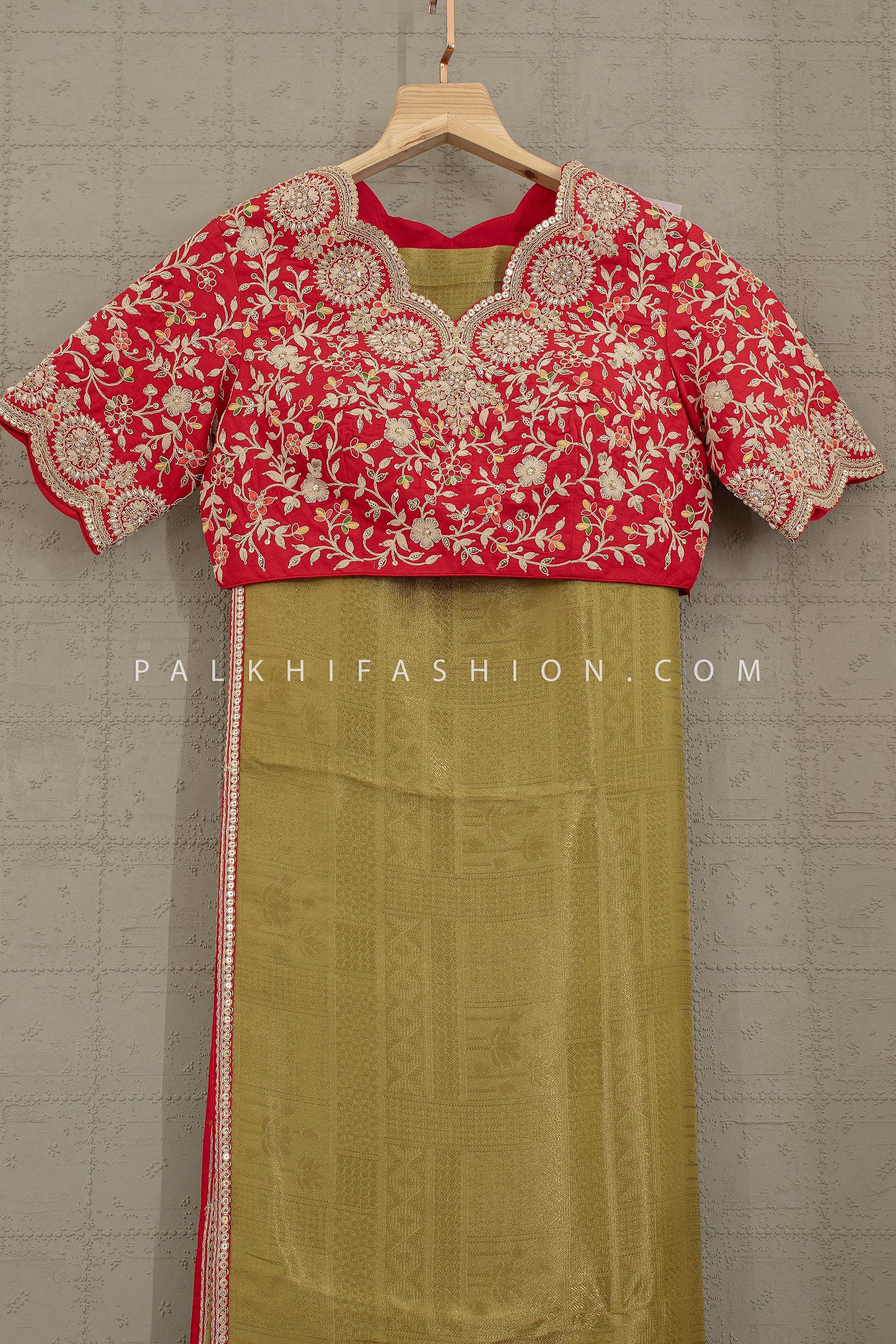 Regal Vermilion & Gold: Kanjivaram - Inspired Saree with Heavy Embroidered Blouse – Palkhi Fashion Houston