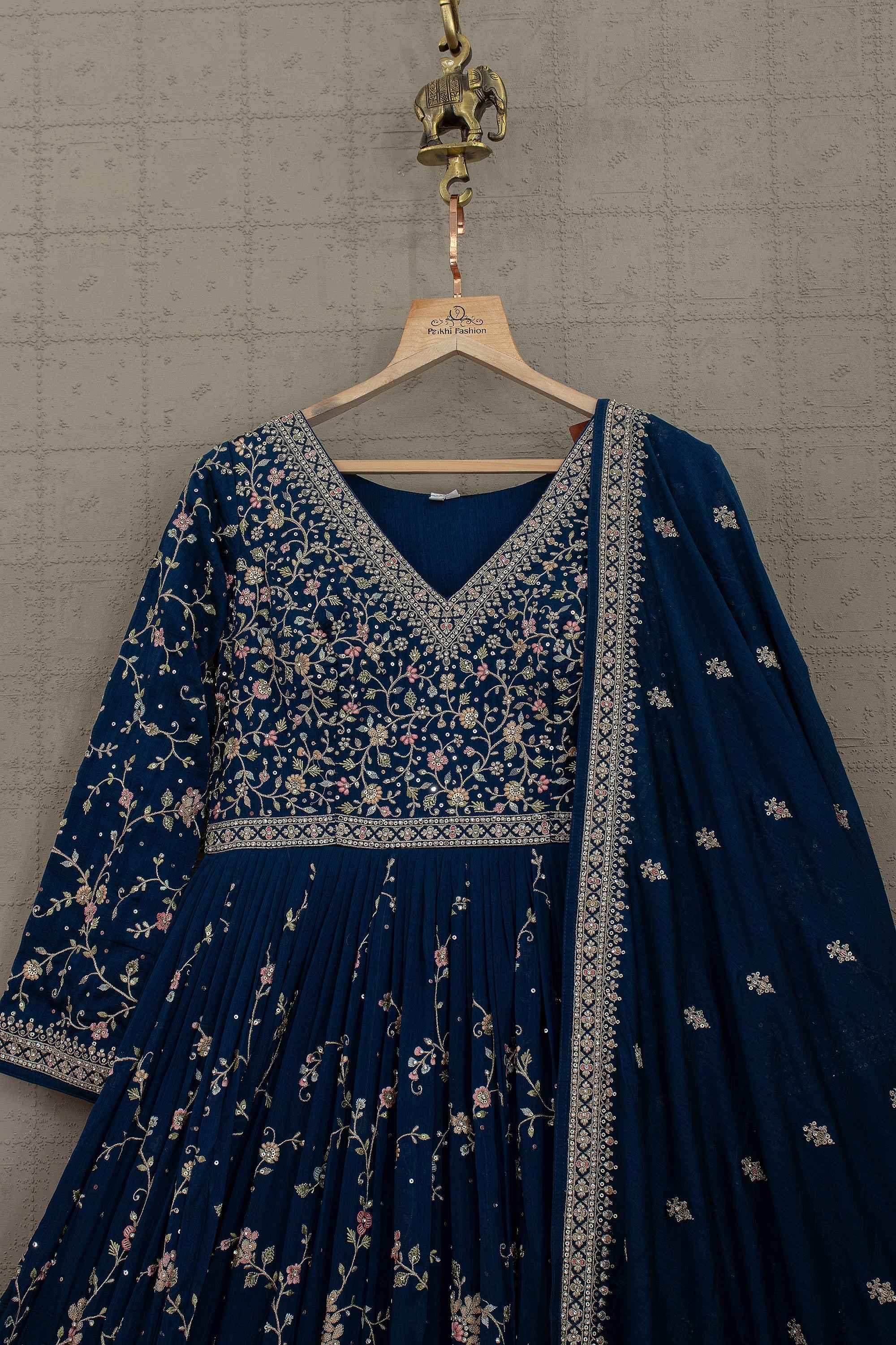 Midnight Navy Blue Embroidered Designer Gown