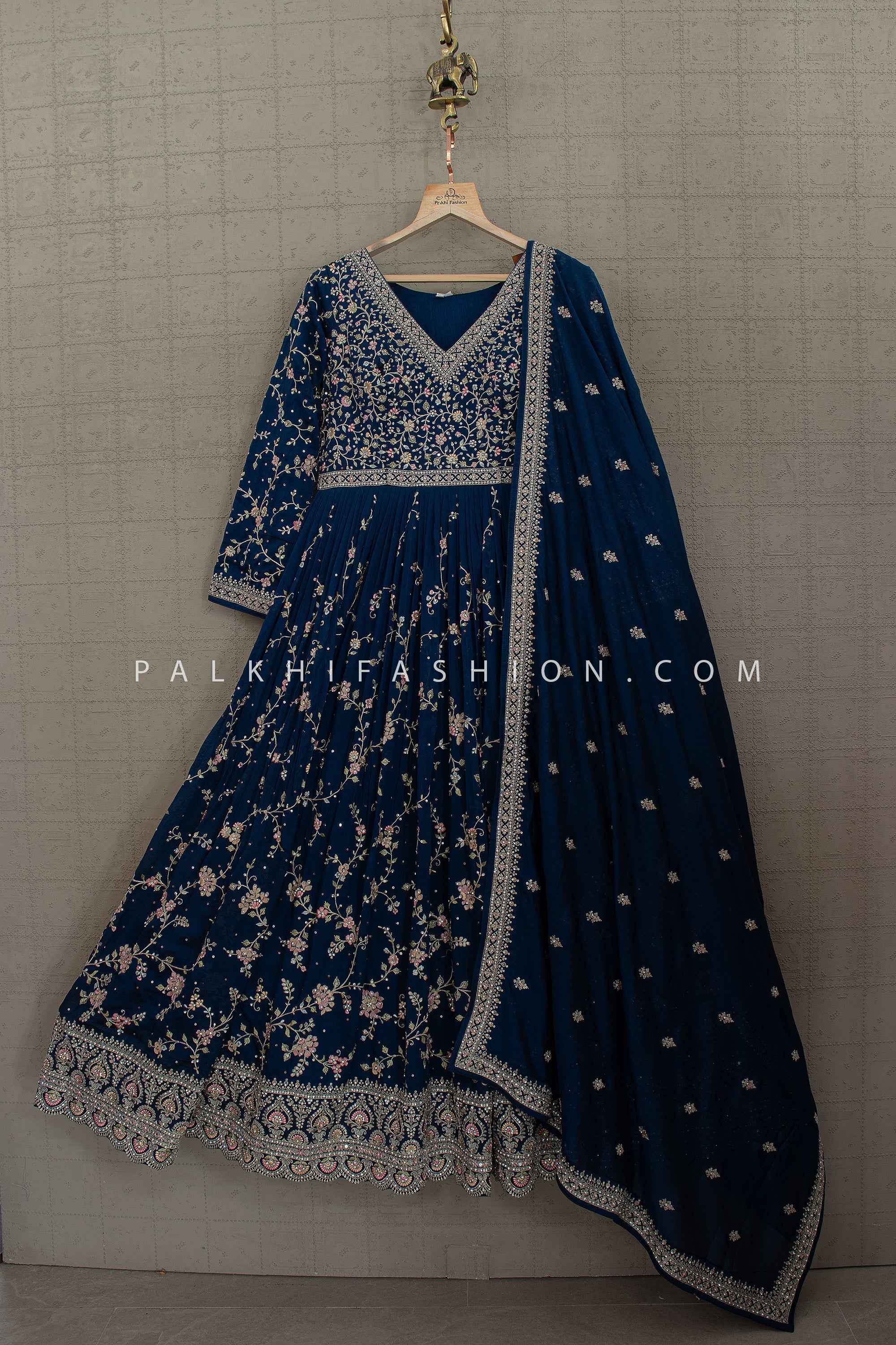 Regal Vinework –Midnight Navy Blue Embroidered Designer Gown | Palkhi Fashion