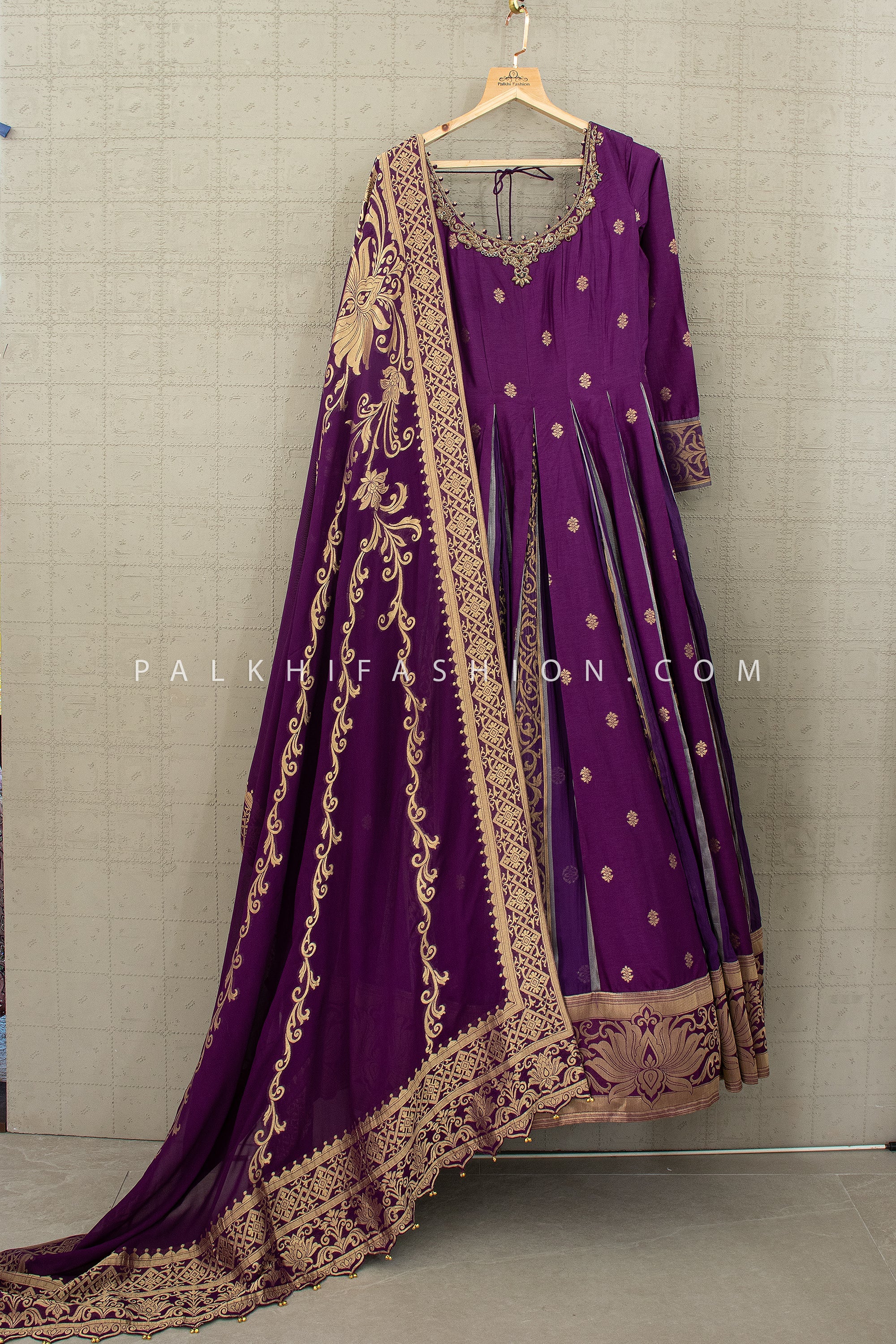 💜Regal Weave — Purple Pure Silk Banarasi Gown with Kundan, Stone & Cutdana | Palkhi Fashion
