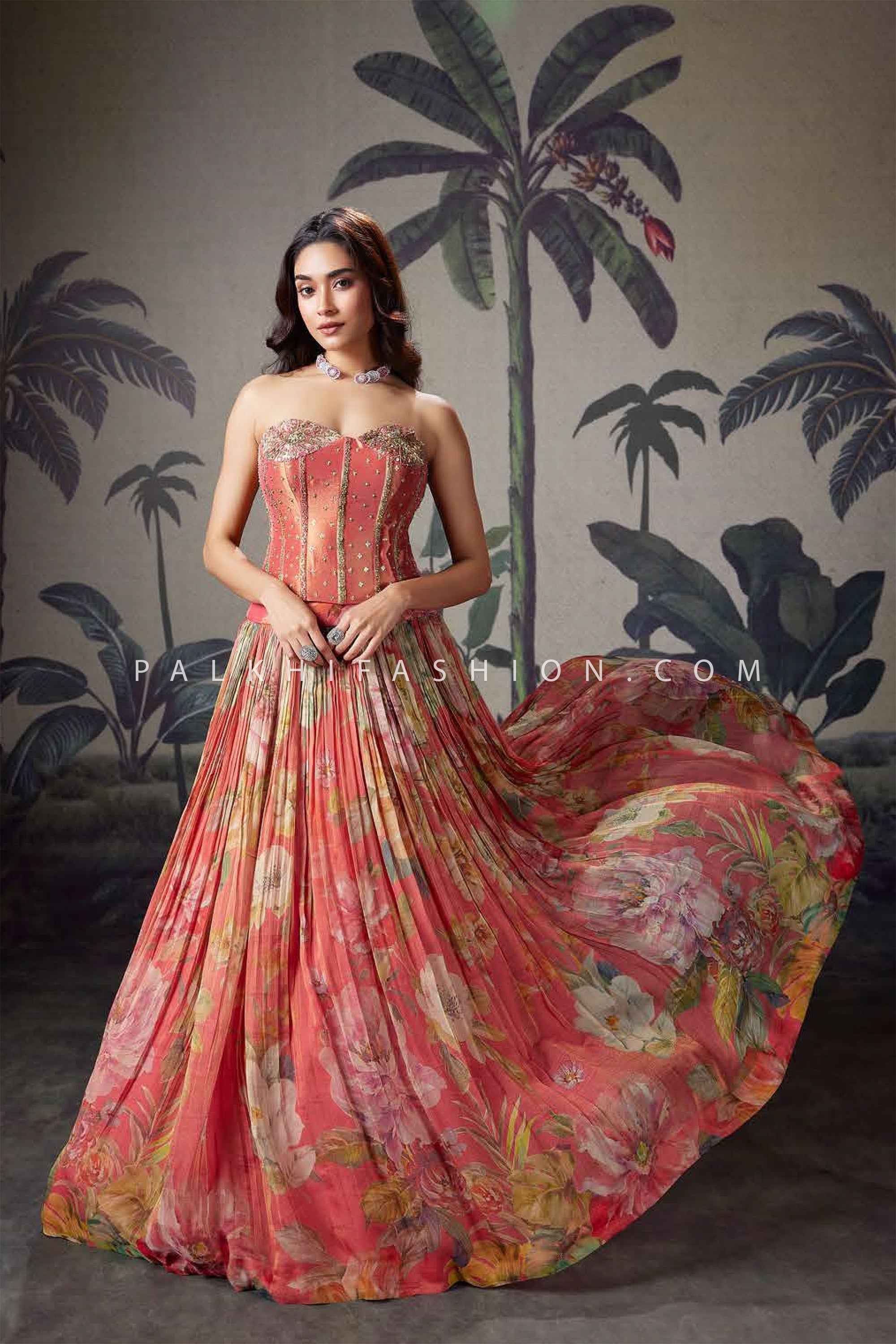 Resort Bloom Strapless Corset Designer Lehenga Set | Palkhi Fashion Houston