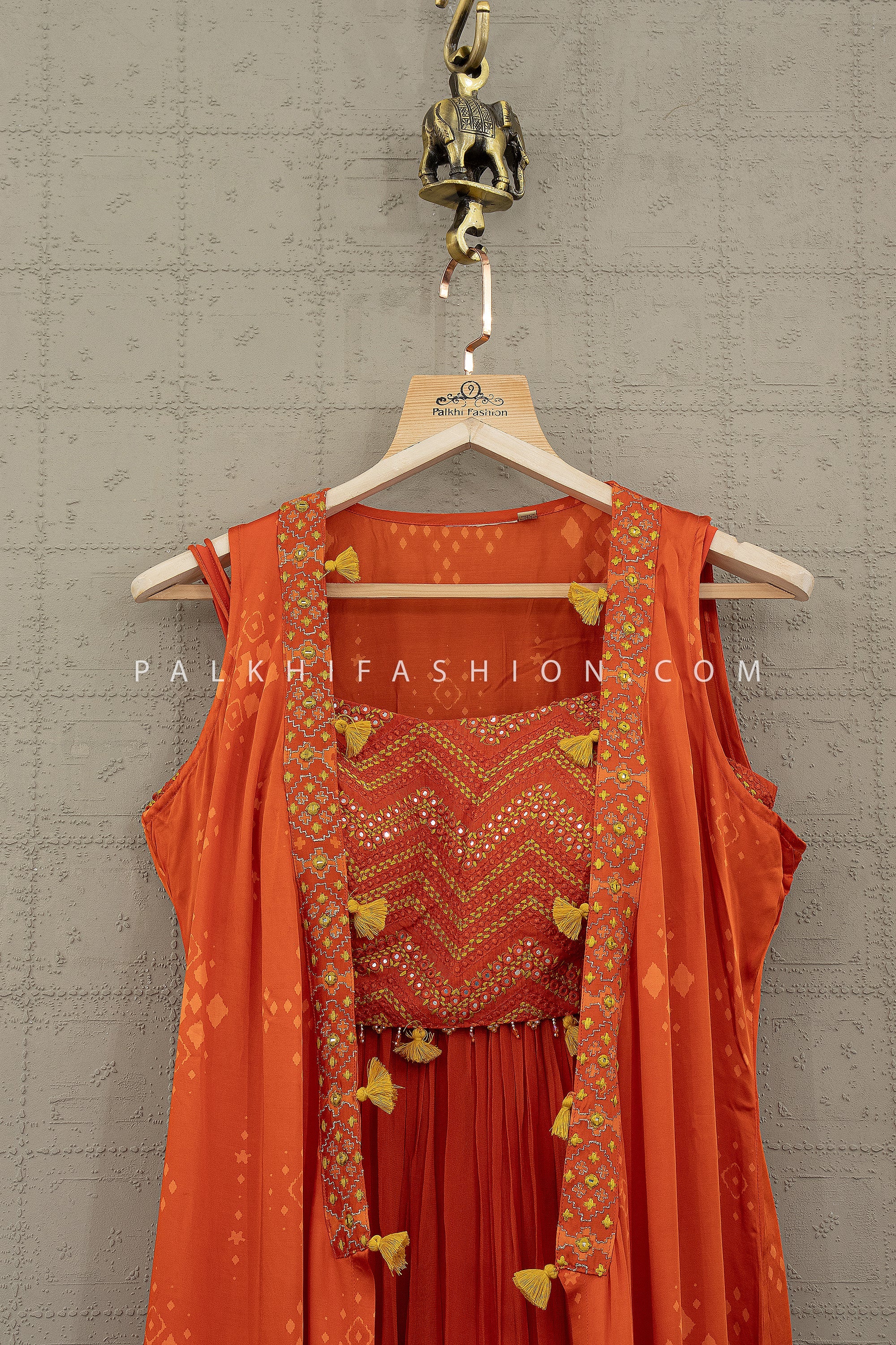 Rivaara Glow — Orange Jacket Style Palazzo Outfit with Chevron Embroidery & Flowing Silhouette