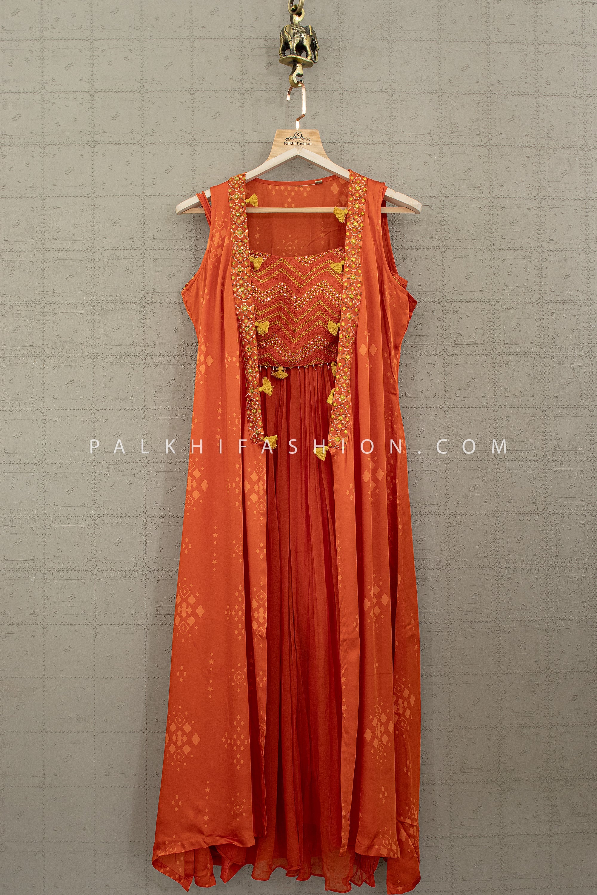 Rivaara Glow — Orange Jacket Style Palazzo Outfit with Chevron Embroidery & Flowing Silhouette