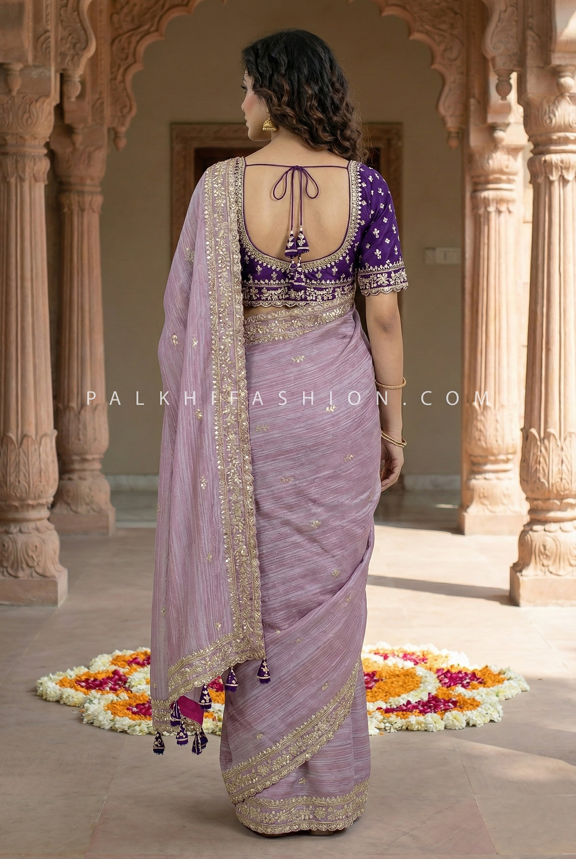 Royal Amethyst Grace – Lilac Soft Silk saree with Purple Gaji silk Blouse - Palkhi Fashion