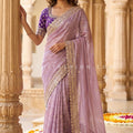 Royal Amethyst Grace – Lilac Soft Silk saree with Purple Gaji silk Blouse - Palkhi Fashion