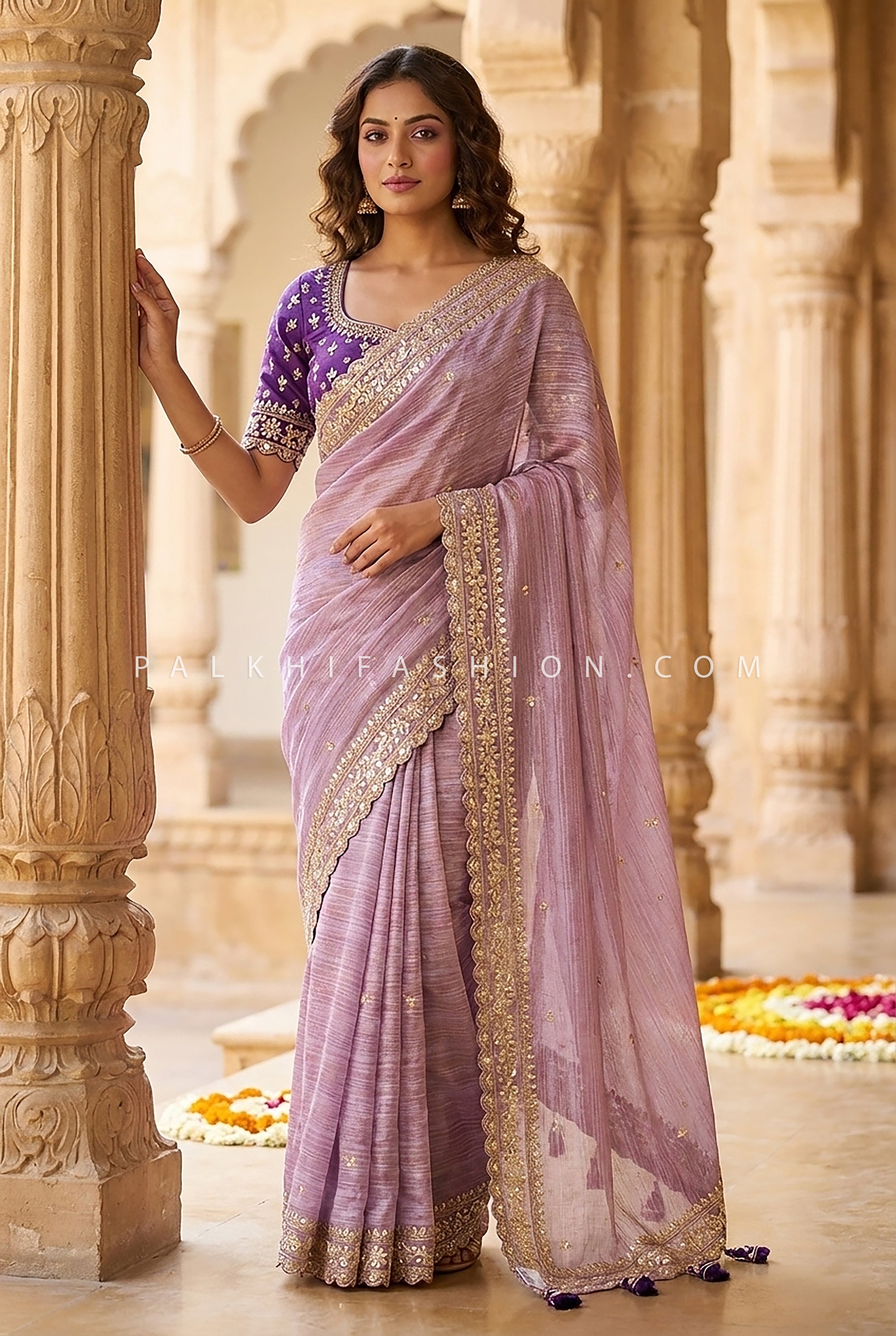 Royal Amethyst Grace – Lilac Soft Silk saree with Purple Gaji silk Blouse - Palkhi Fashion
