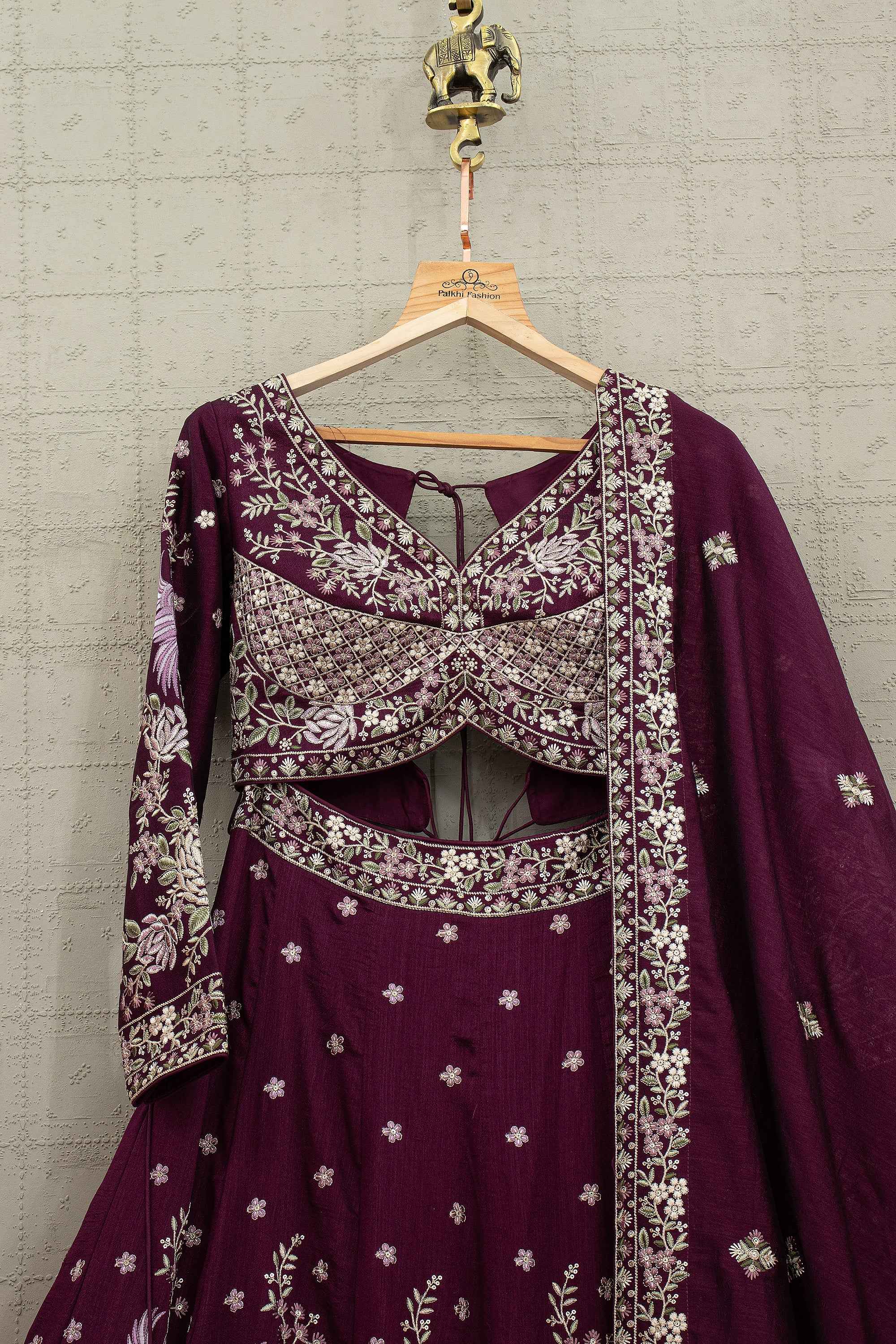 Royal Aubergine Couture - Deep Purple Raw Silk Embroidered Lehenga Set – Palkhi Fashion