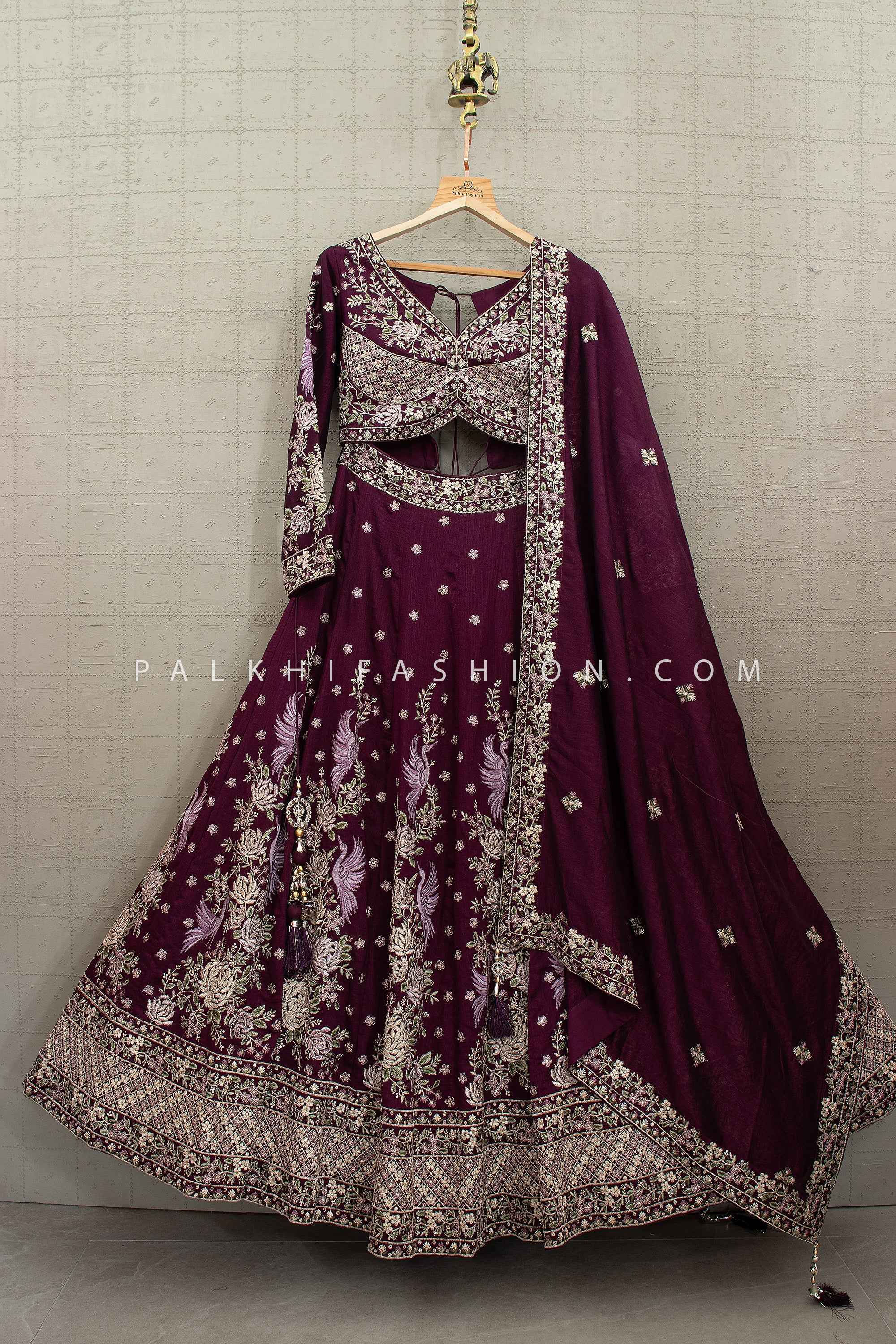 Royal Aubergine Couture - Deep Purple Raw Silk Embroidered Lehenga Set – Palkhi Fashion