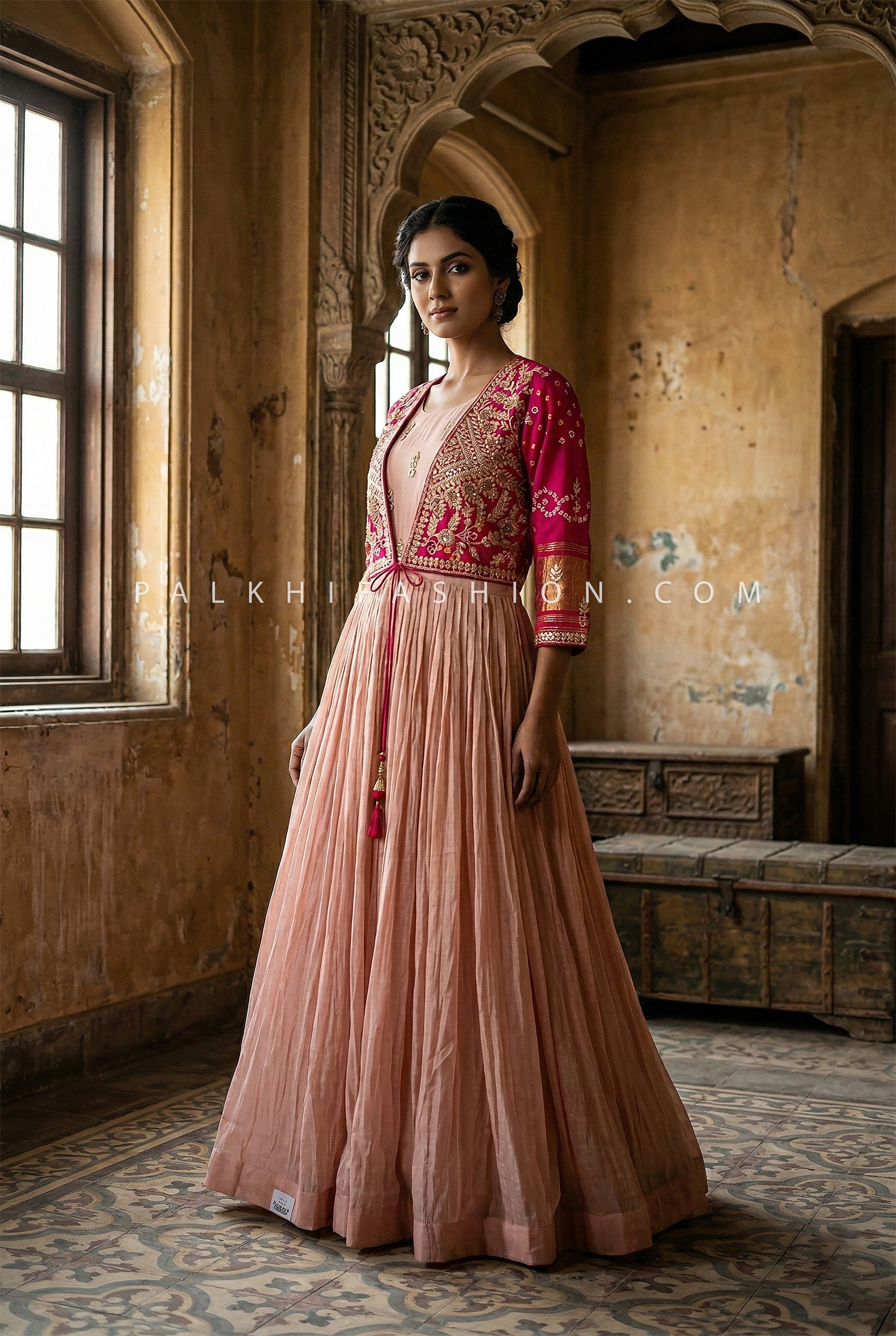 Royal Bandhani Edit - Soft Pink Silk Anarkali with Rani Pink Bandhani Jacket – Palkhi Fashion