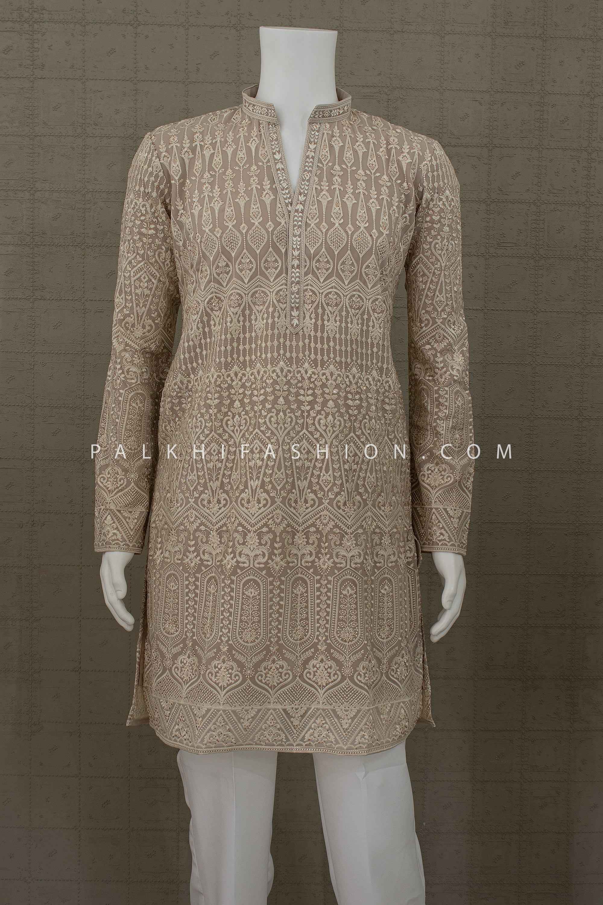 Royal Beige — Pure Georgette Embroidered Men’s Kurta Set | Palkhi Fashion Houston