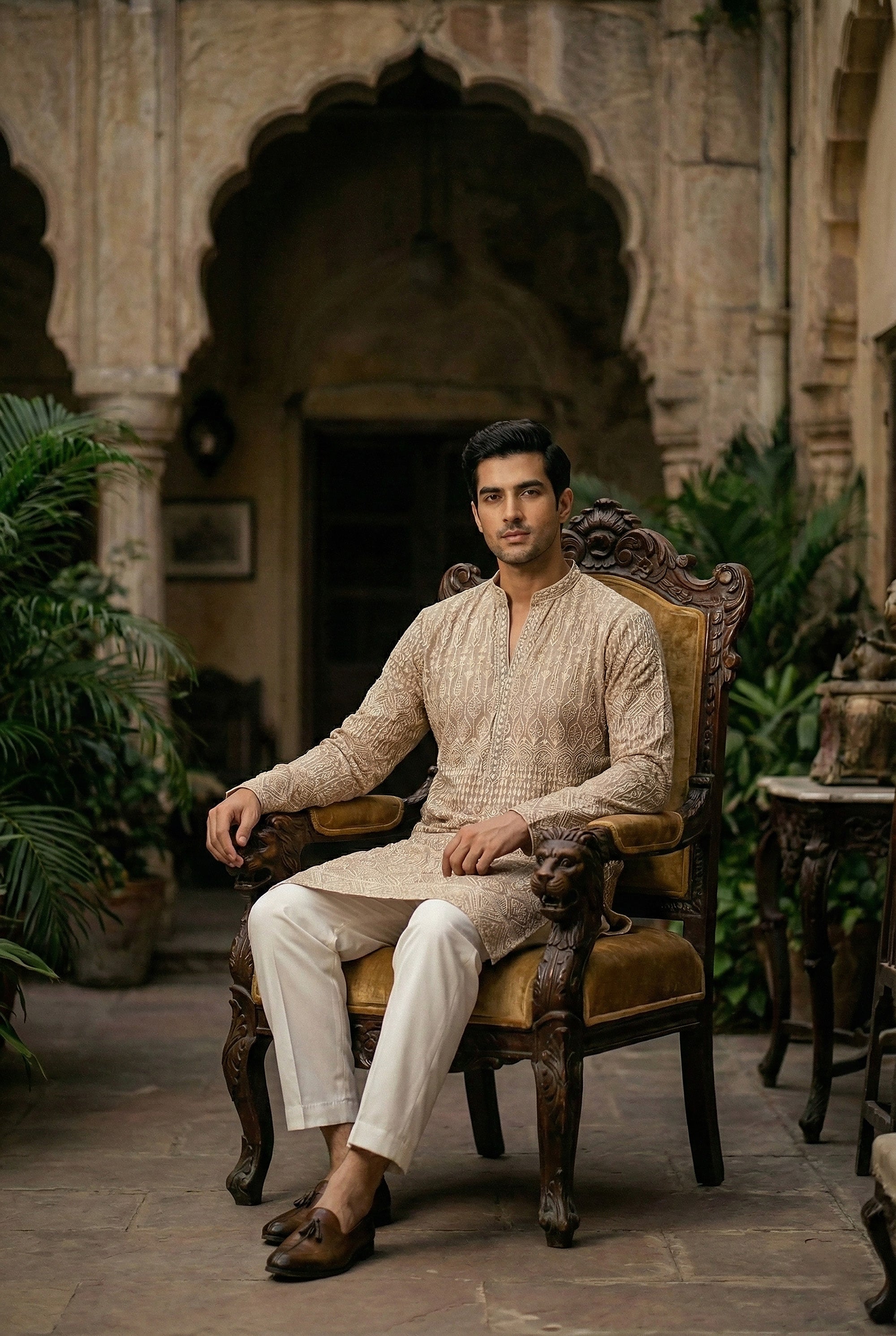Royal Beige — Pure Georgette Embroidered Men’s Kurta Set | Palkhi Fashion Houston