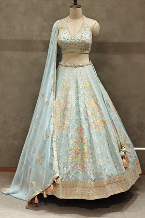 Royal Bloom: Ice Blue Resham Lehenga with Handcrafted Halter Blouse – Palkhi Fashion