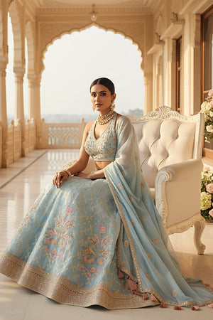 Royal Bloom: Ice Blue Resham Lehenga with Handcrafted Halter Blouse – Palkhi Fashion
