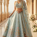 Royal Bloom: Ice Blue Resham Lehenga with Handcrafted Halter Blouse – Palkhi Fashion