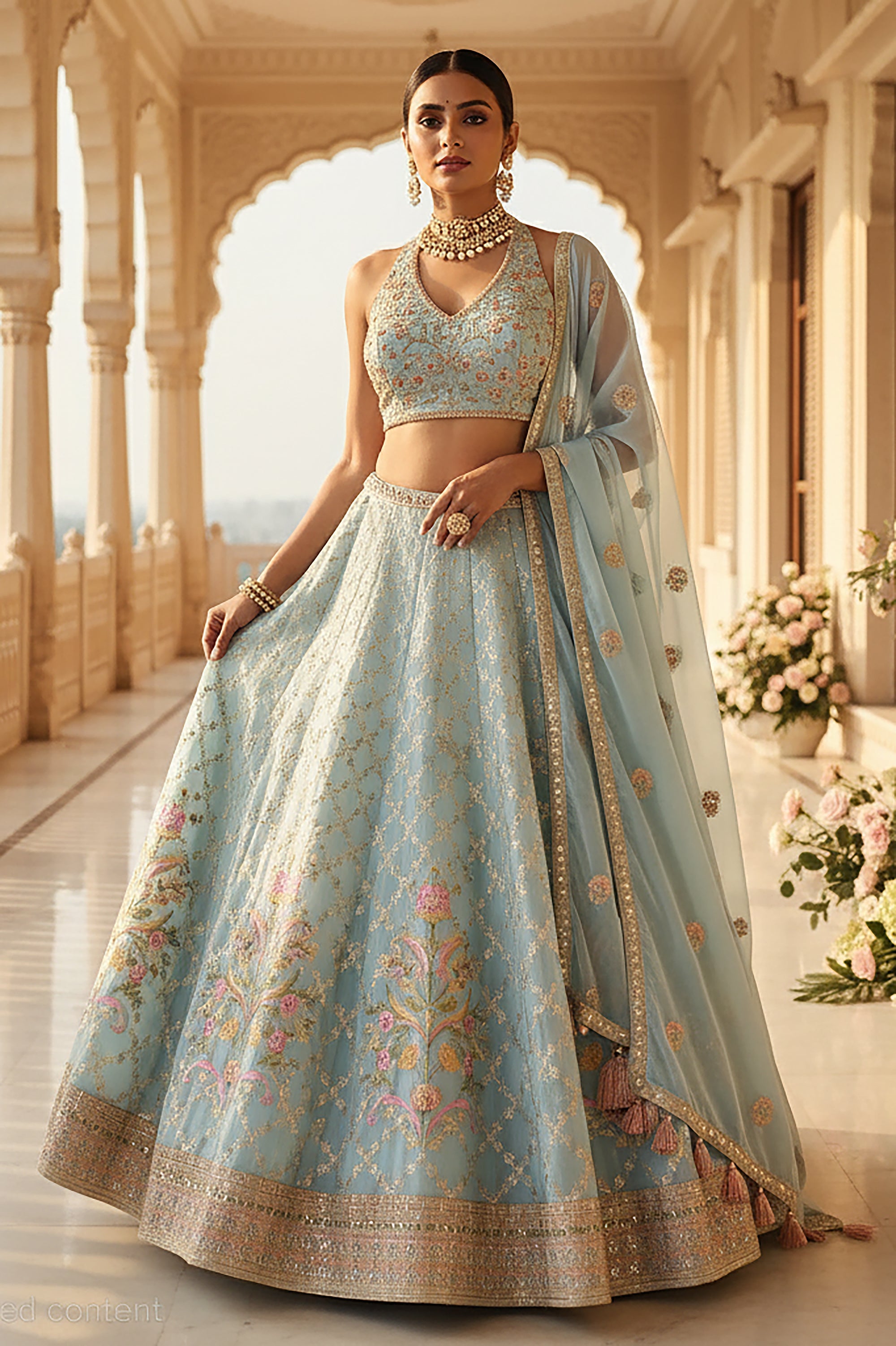 Royal Bloom: Ice Blue Resham Lehenga with Handcrafted Halter Blouse – Palkhi Fashion