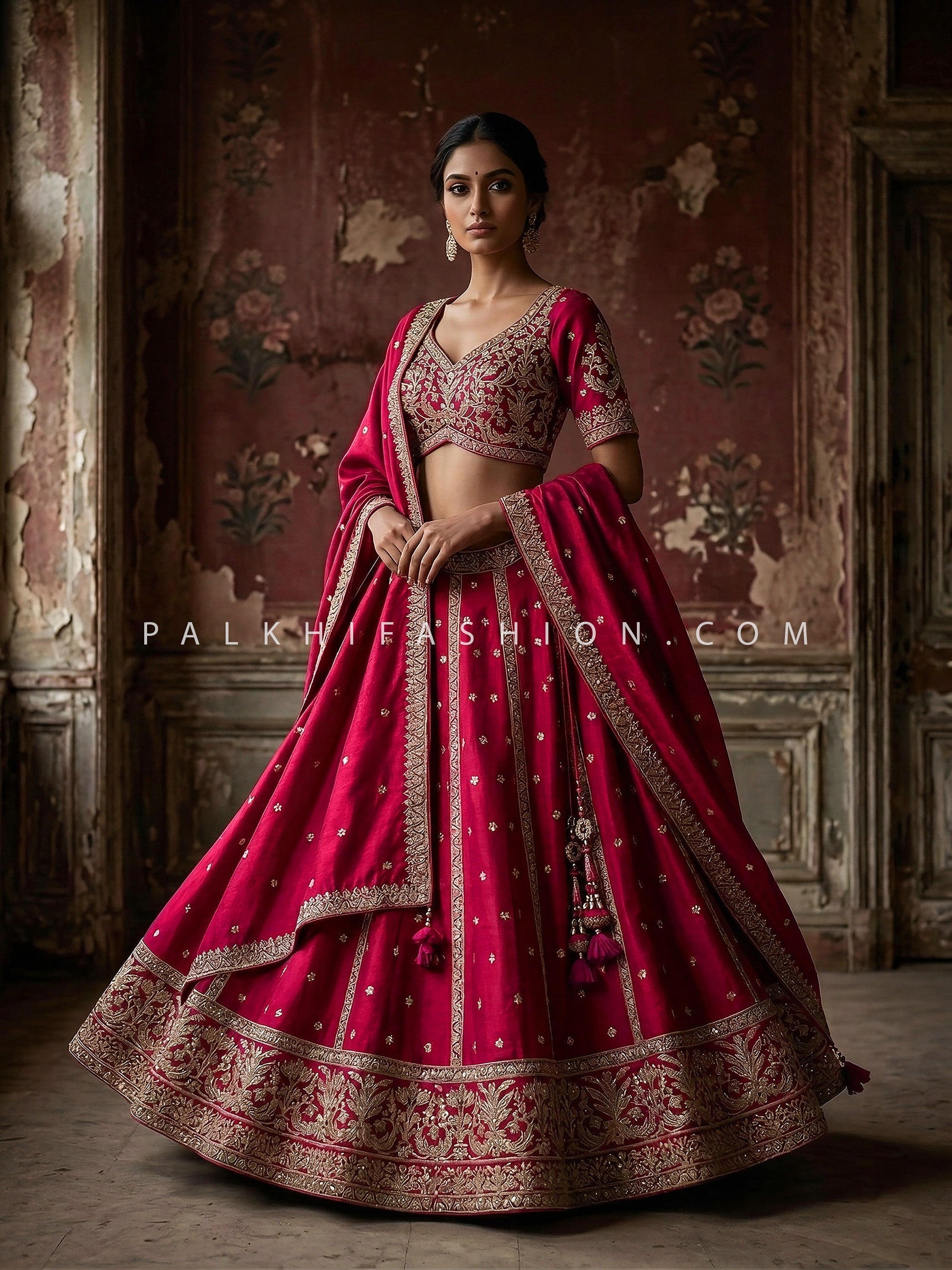 Royal Crimson Edit - Rani Pink Embroidered Silk Lehenga – Palkhi Fashion