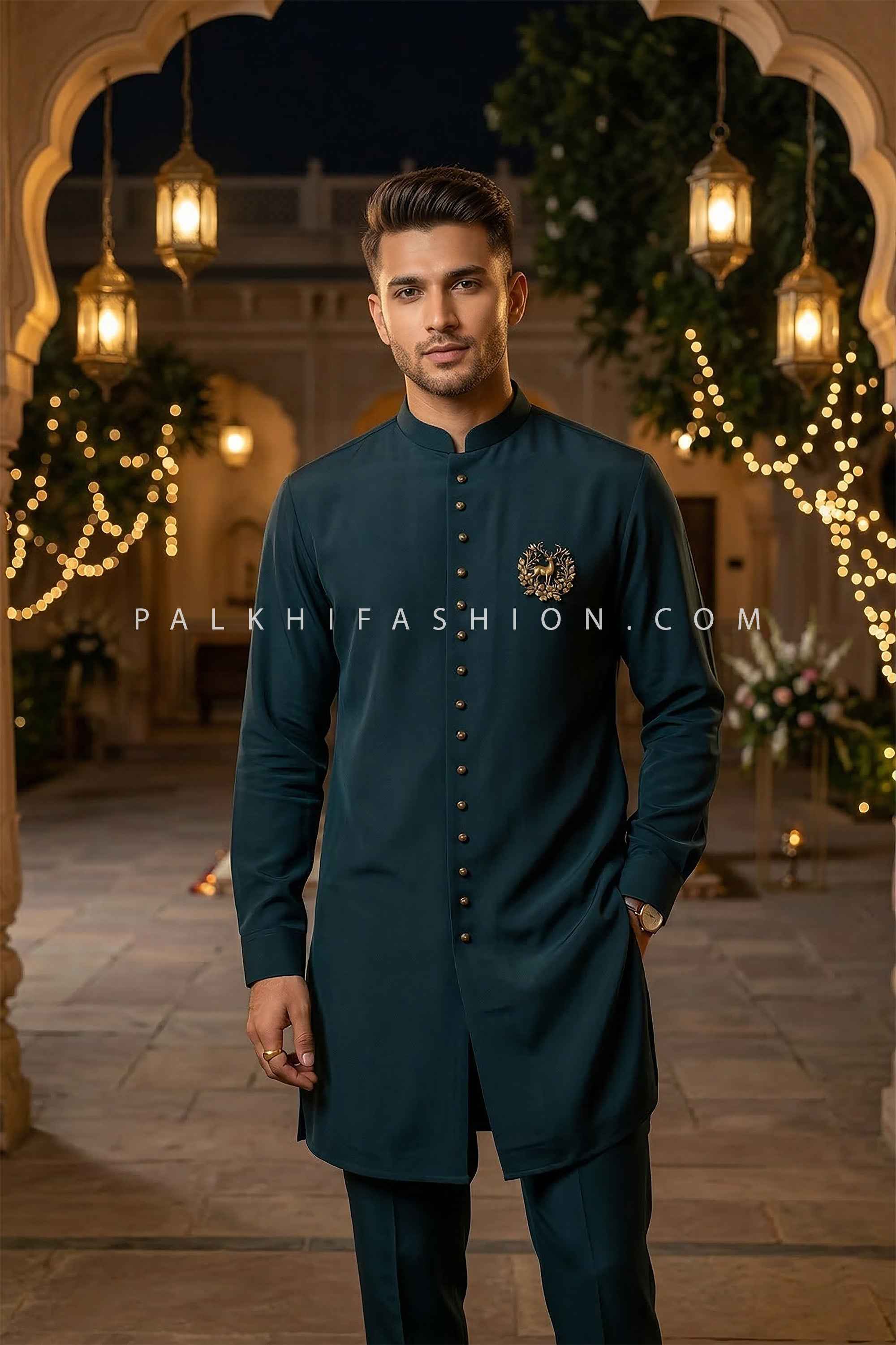 Royal Evening Attire – Dark Teal Silk Kurta Ensemble– Palkhi Fashion